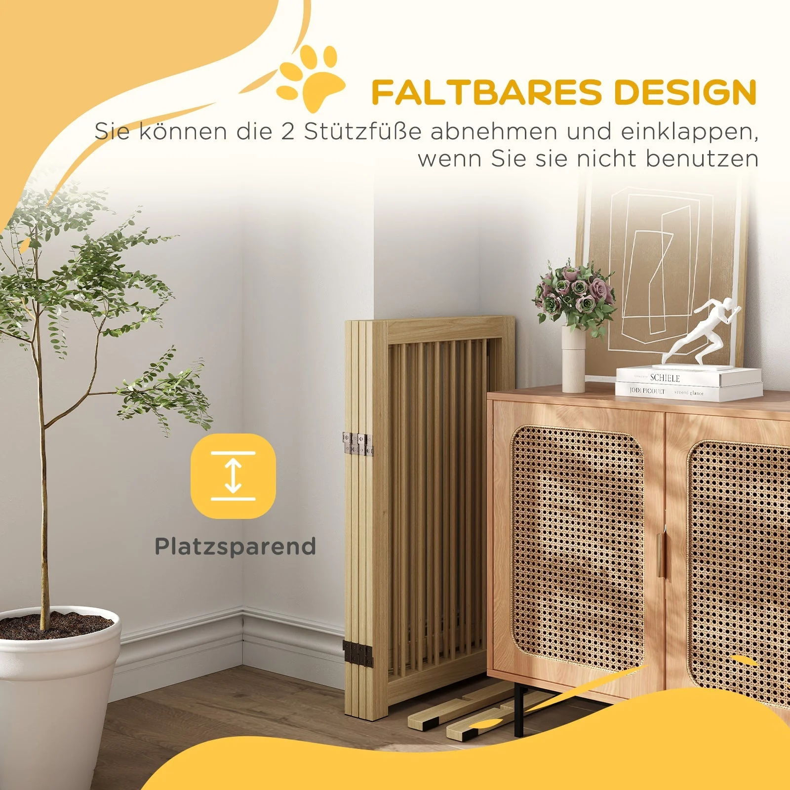 Dog Safety Gate, 4-Piece Foldable Freestanding Door, Wooden - Image 4