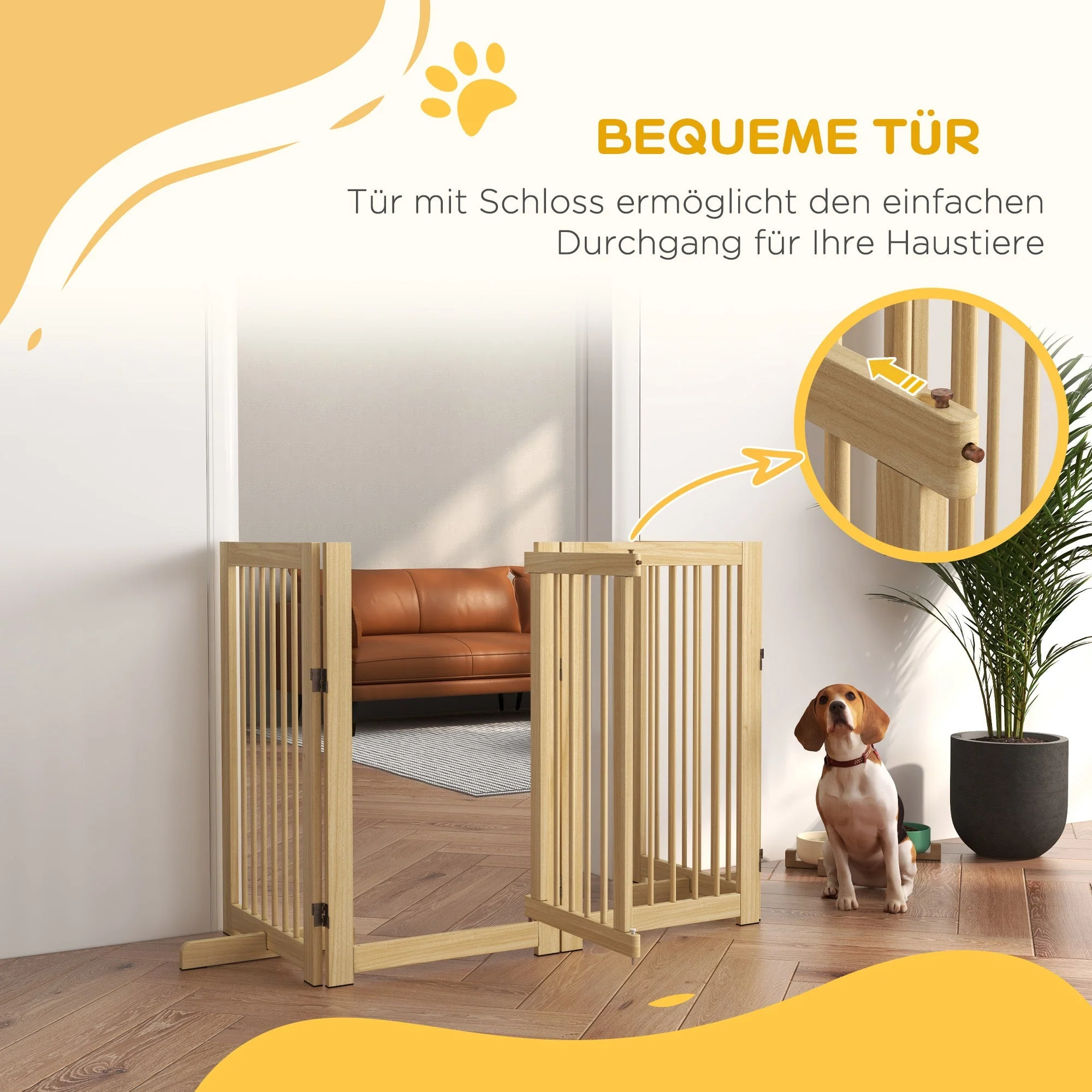 Dog Safety Gate, 4-Piece Foldable Freestanding Door, Wooden - Image 5