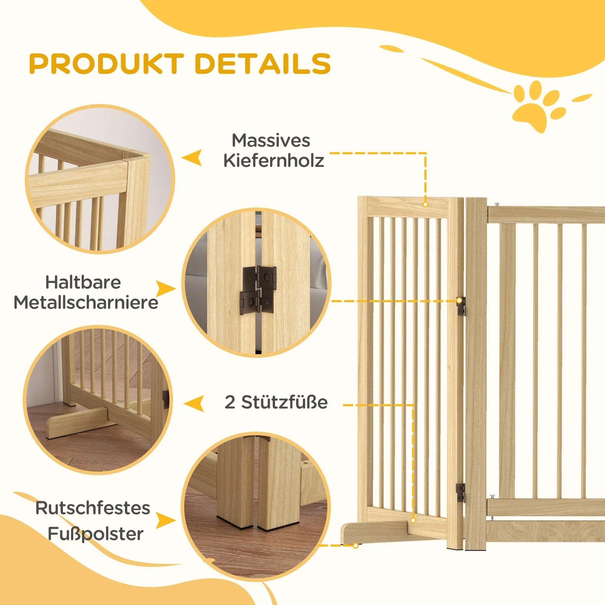 Dog Safety Gate, 4-Piece Foldable Freestanding Door, Wooden - Image 6