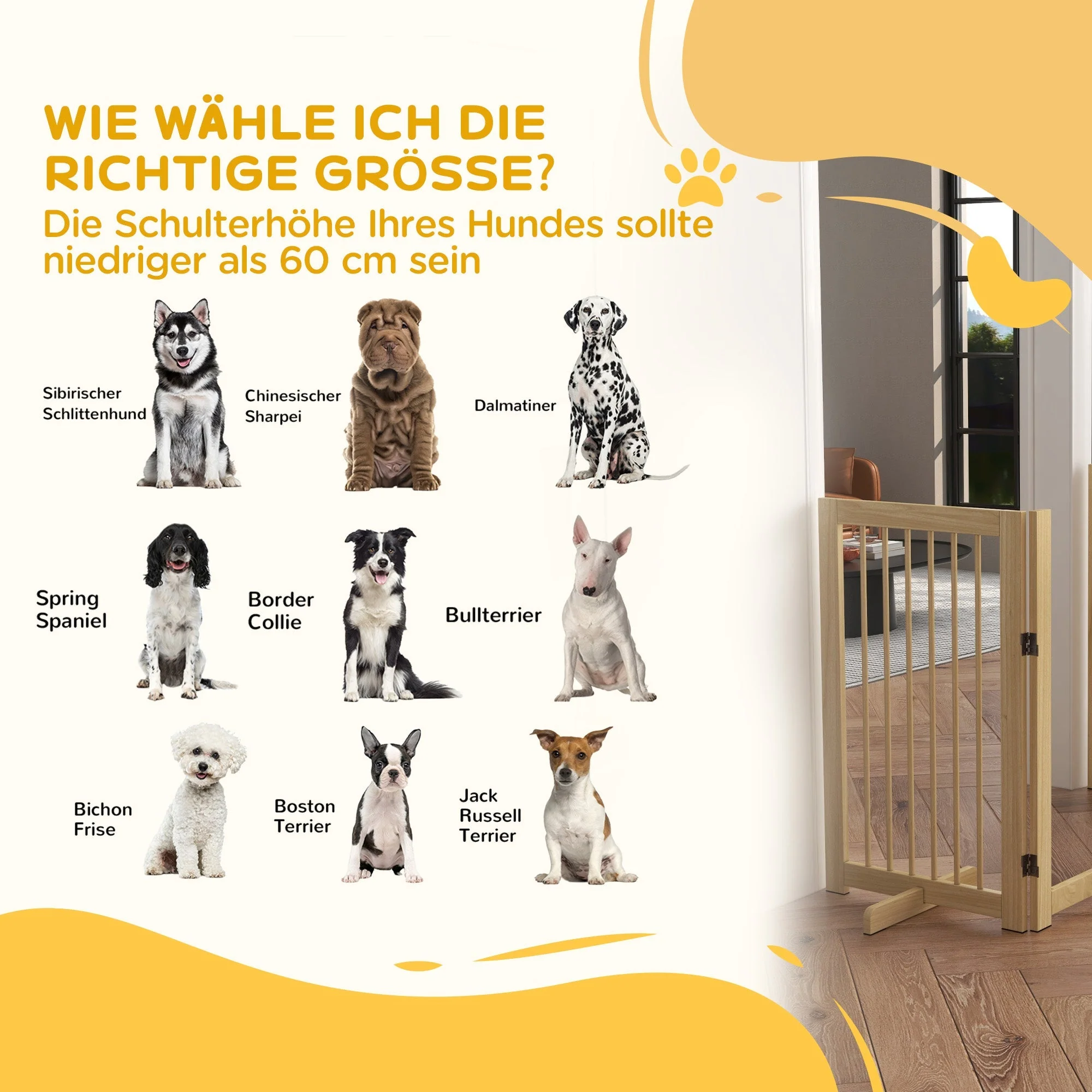 Dog Safety Gate, 4-Piece Foldable Freestanding Door, Wooden - Image 7