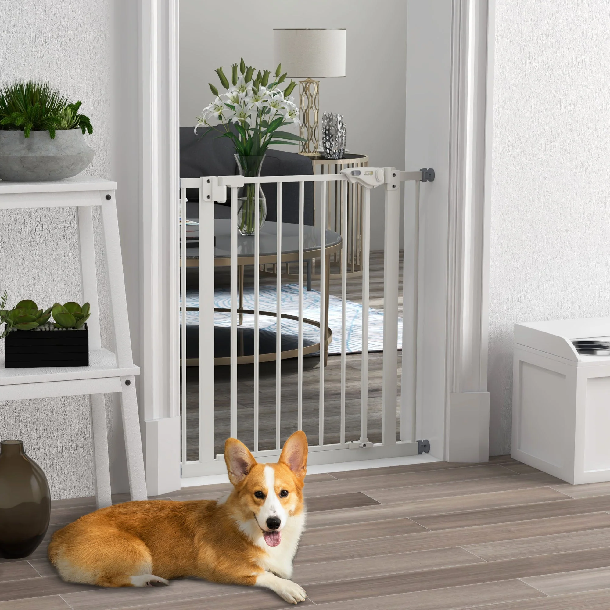 Dog Safety Gate, No-Drill Barrier/Stair Gate 74-80cm, Metal/Plastic White