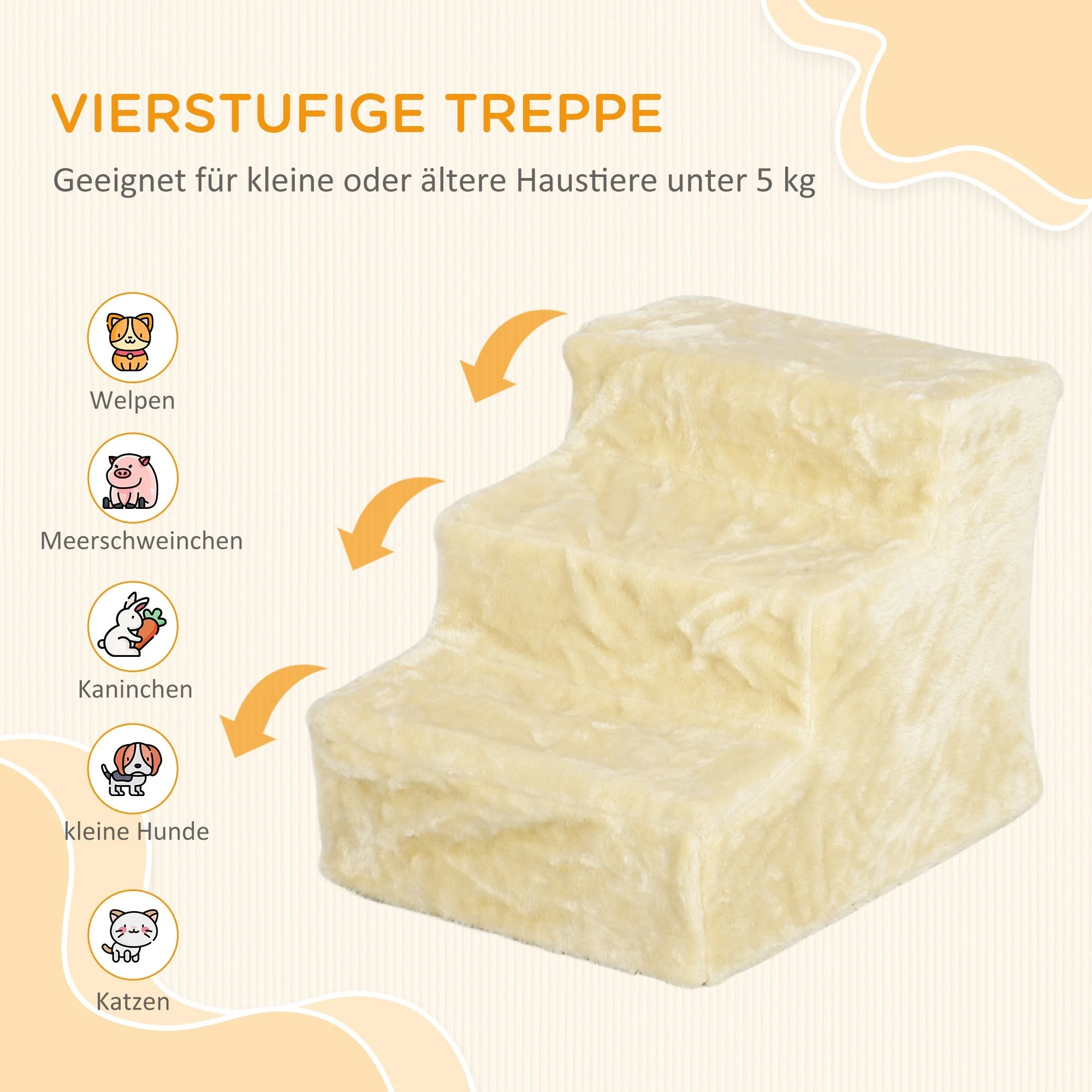 Dog Stairs, 3-Step 35 cm, Plush Look, Beige - Image 4