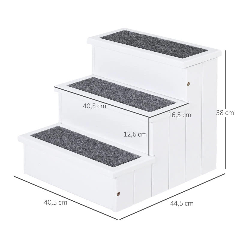 Dog Stairs, 3 Steps Pet Entry Aid with Storage, Fir Wood White - Image 3