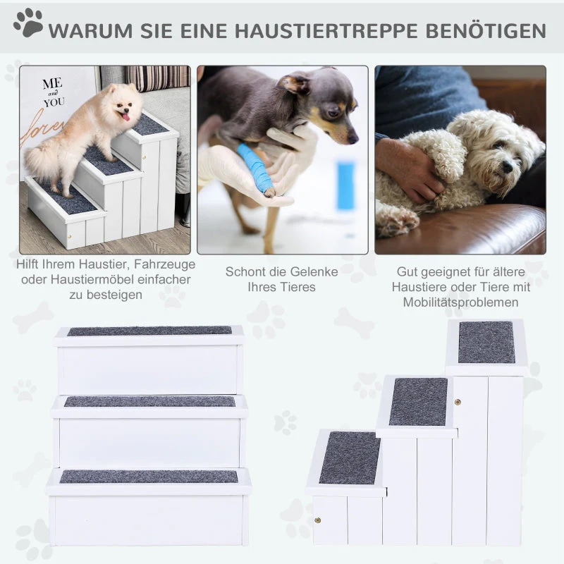 Dog Stairs, 3 Steps Pet Entry Aid with Storage, Fir Wood White - Image 4