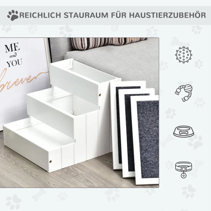 Dog Stairs, 3 Steps Pet Entry Aid with Storage, Fir Wood White - Image 5
