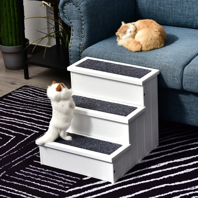 Dog Stairs, 3 Steps Pet Entry Aid with Storage, Fir Wood White - Image 7