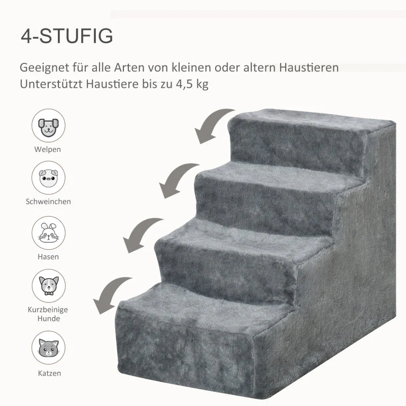 Dog Stairs 4-Step, Pet Stairs 35cm, Plush Look, Light Grey - Image 5