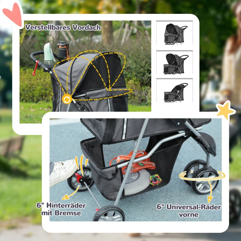 Dog Stroller Buggy, Foldable Mesh Windows Cup Holder, Dark Grey - Image 4