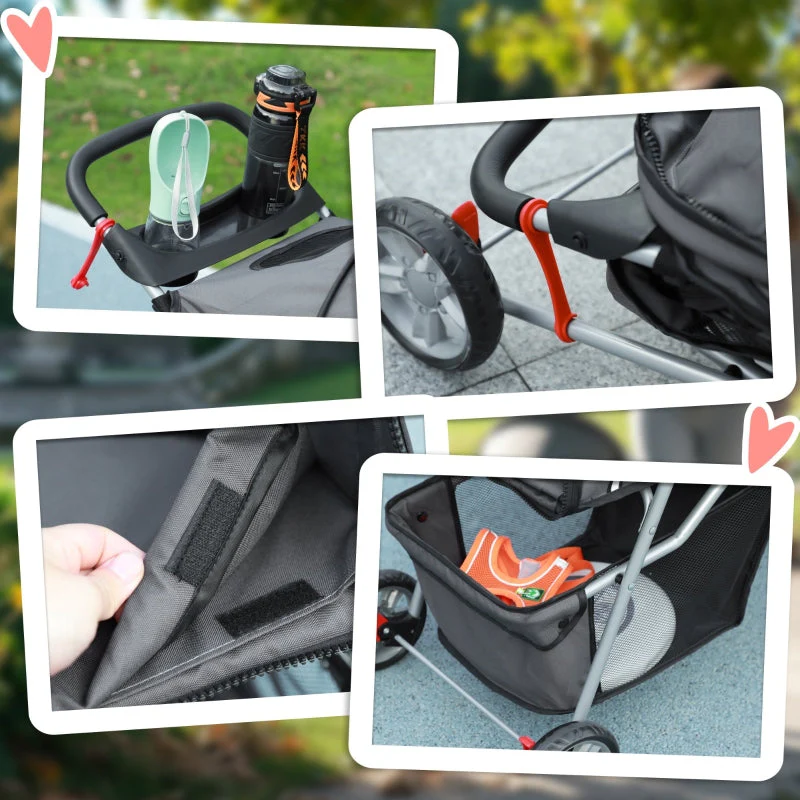 Dog Stroller Buggy, Foldable Mesh Windows Cup Holder, Dark Grey - Image 6