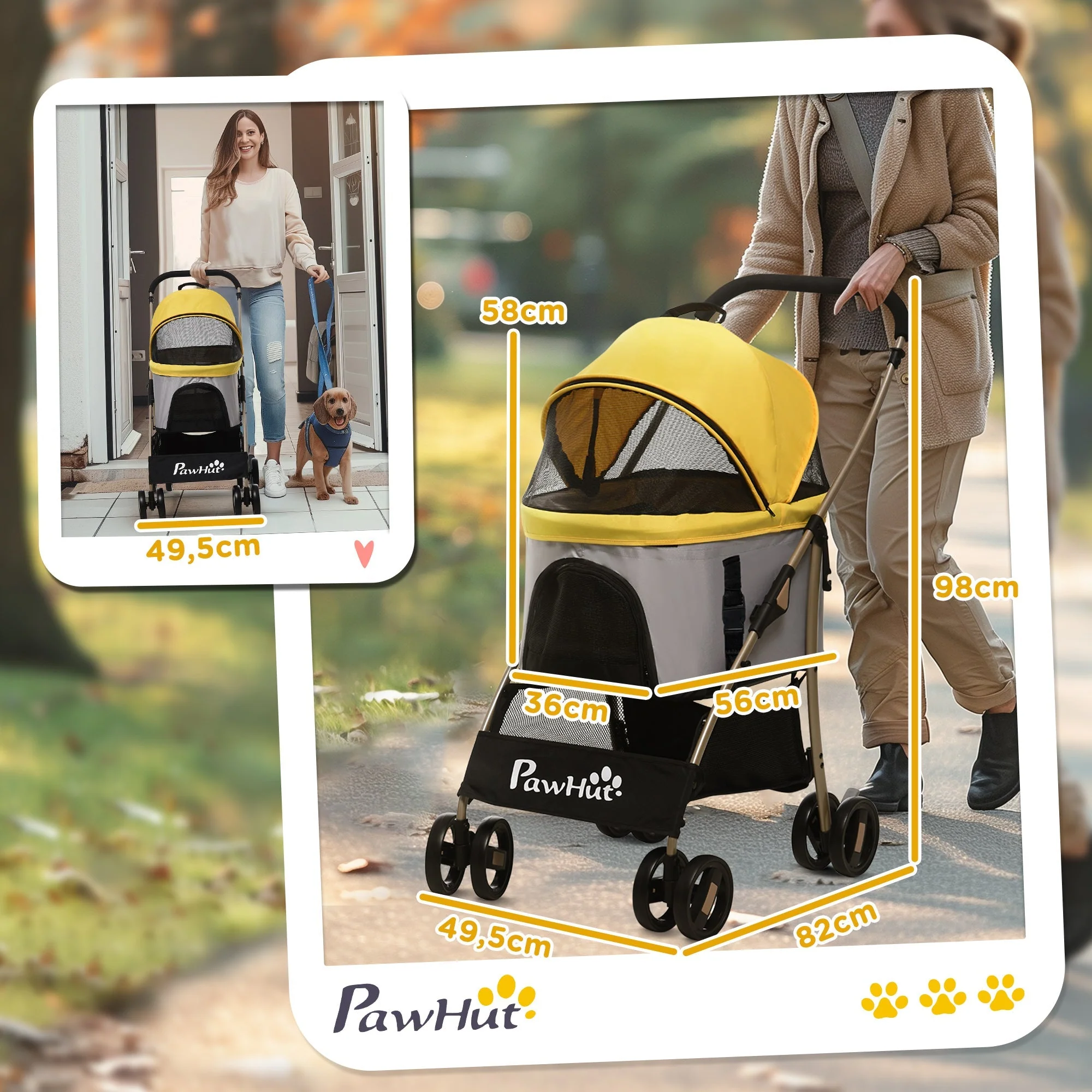 Dog Stroller, Foldable 2-in-1, 4 Wheels, Oxford Fabric, Yellow - Image 3