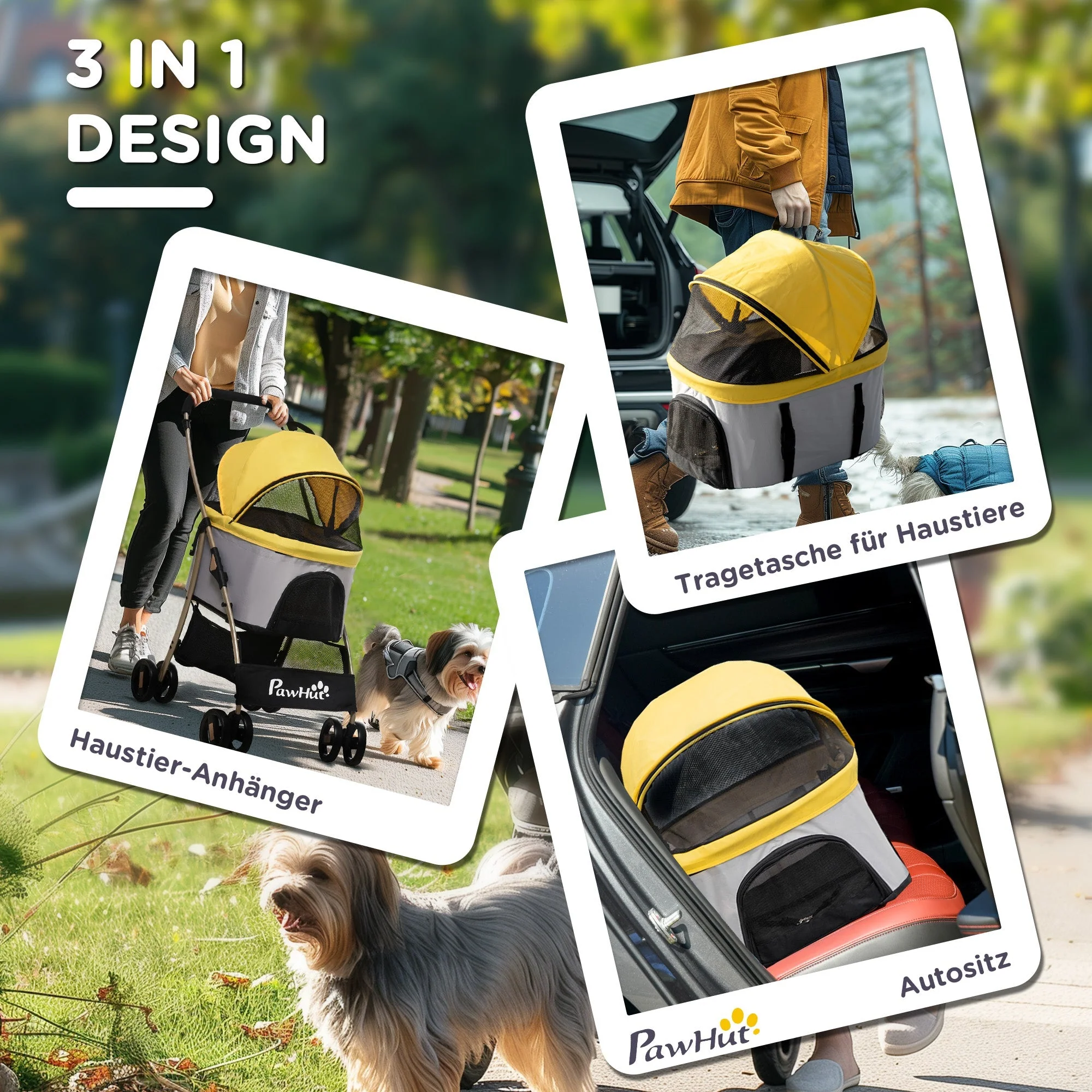 Dog Stroller, Foldable 2-in-1, 4 Wheels, Oxford Fabric, Yellow - Image 5