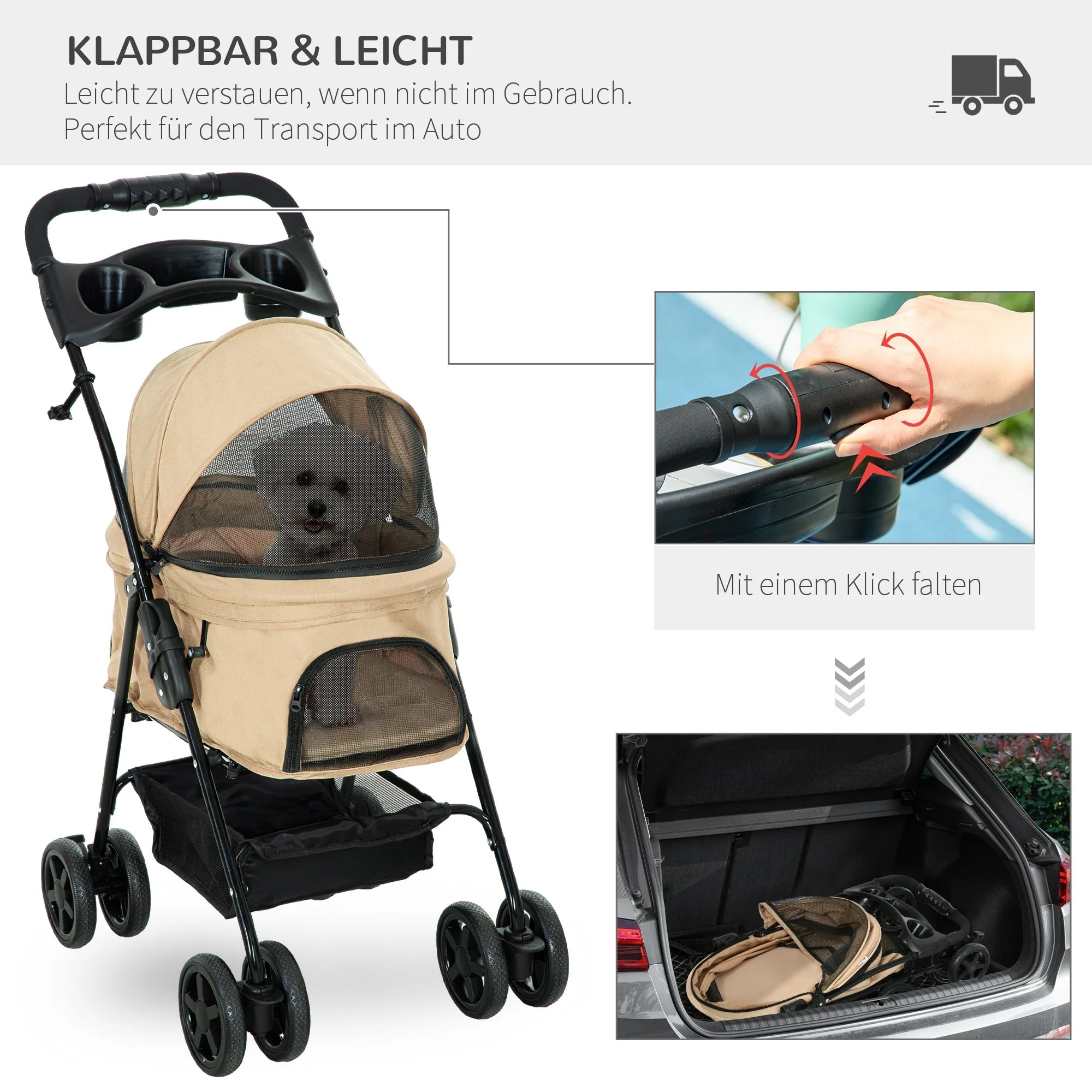 Dog Stroller, Folding Pet Stroller for Small Dogs and Cats, Oxford Khaki - Image 5