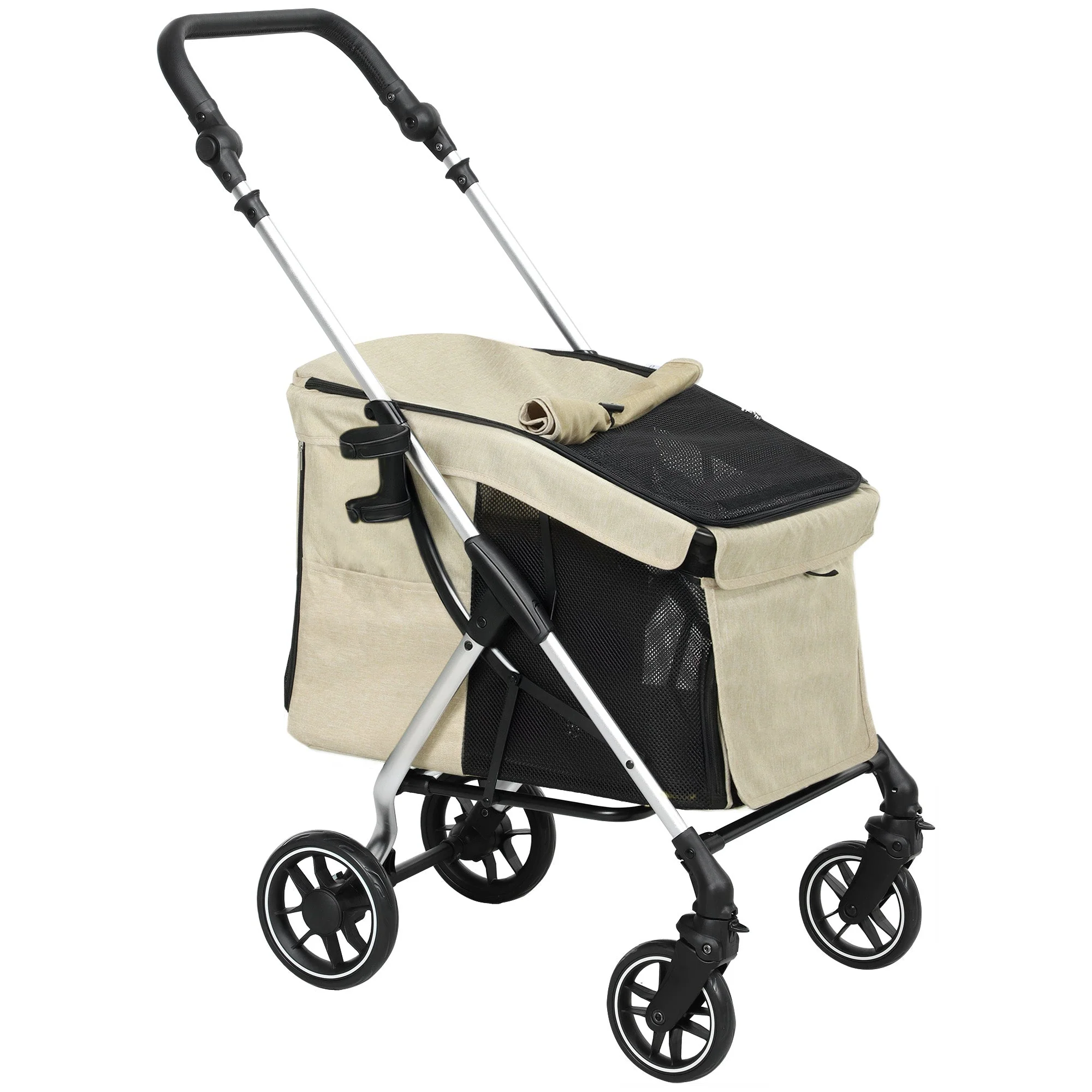 Dog Stroller, Lightweight Foldable, Aluminum Khaki - Image 2