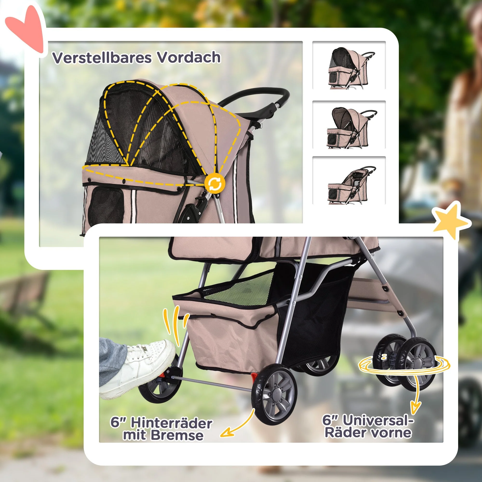 Dog Stroller, Lightweight Foldable Jogger, Coffee Brown - Image 6