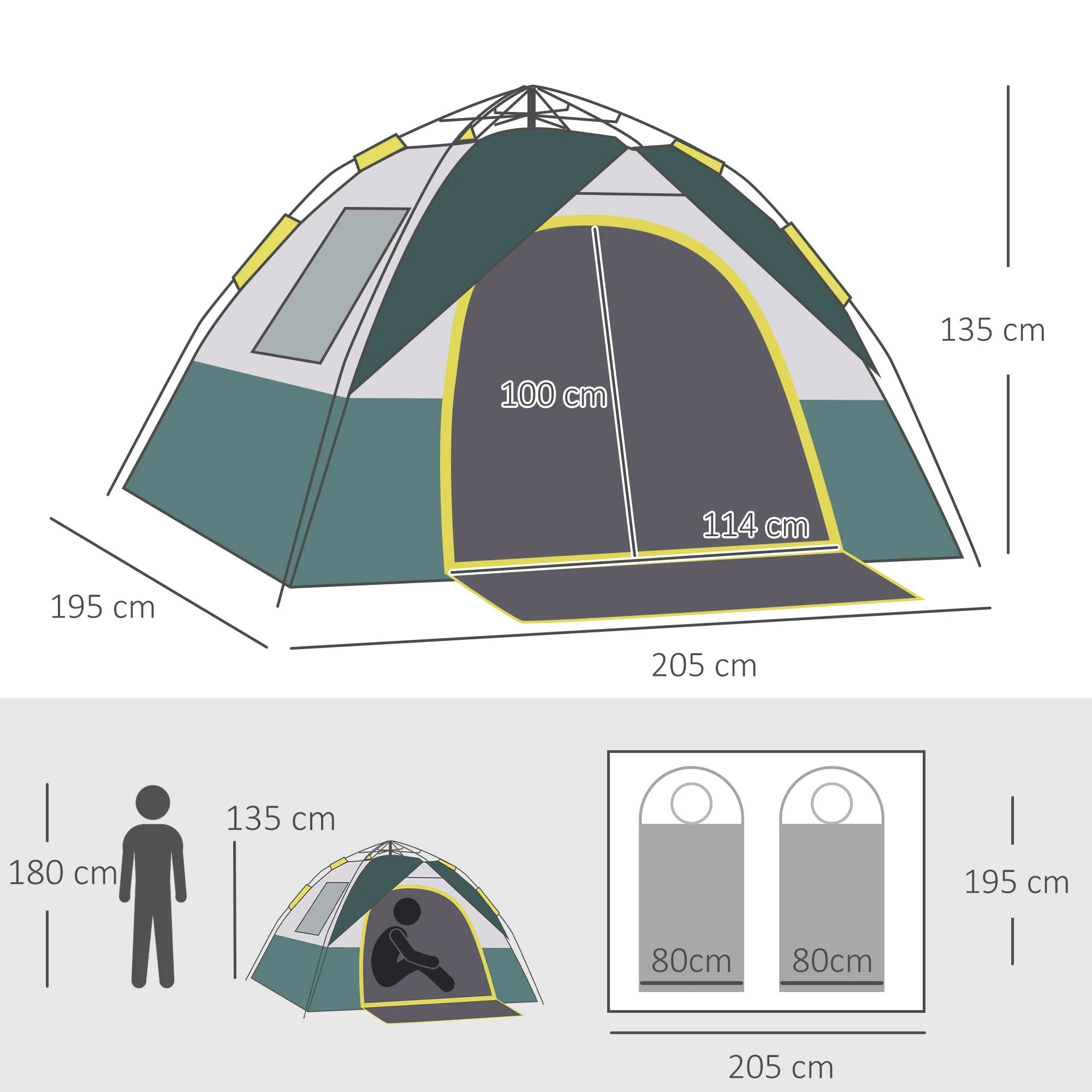 Dome Tent 3-Person 205x195x135cm Polyester, Green - Image 3