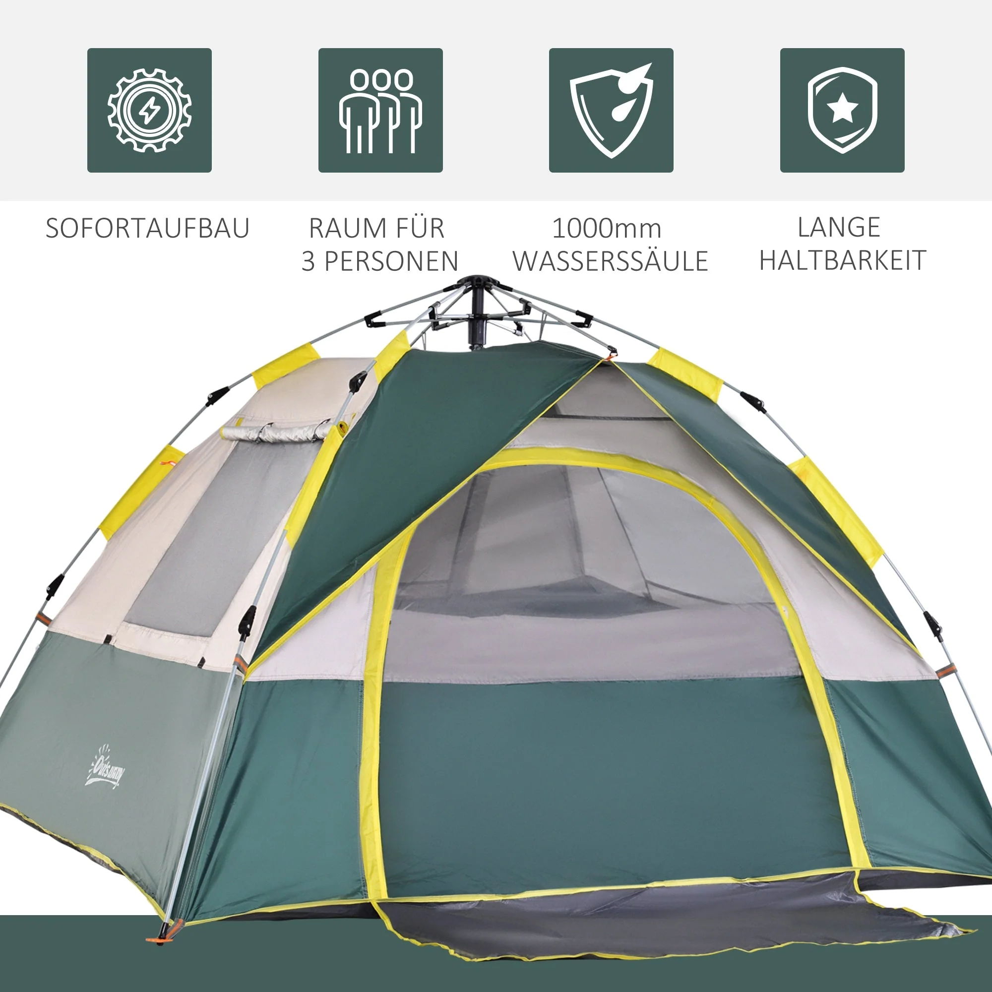 Dome Tent 3-Person 205x195x135cm Polyester, Green - Image 4