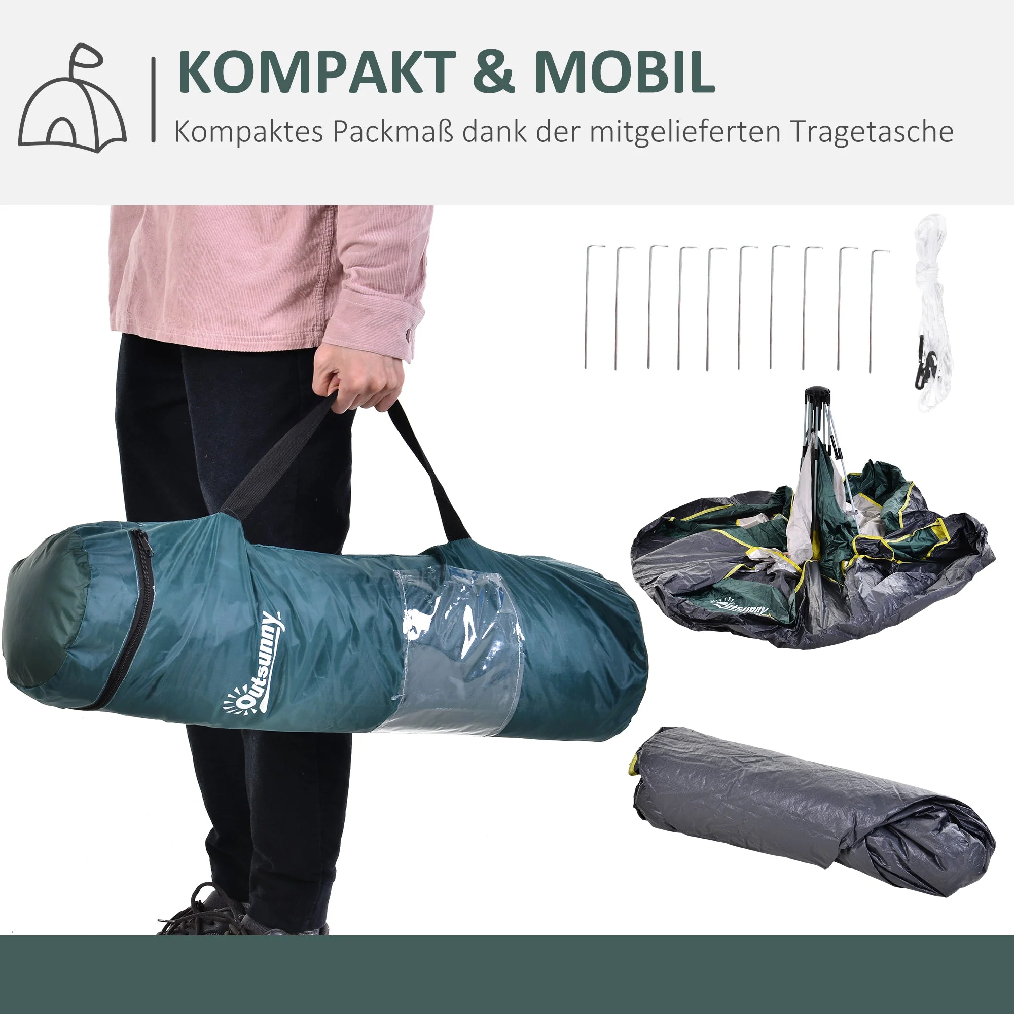 Dome Tent 3-Person 205x195x135cm Polyester, Green - Image 5