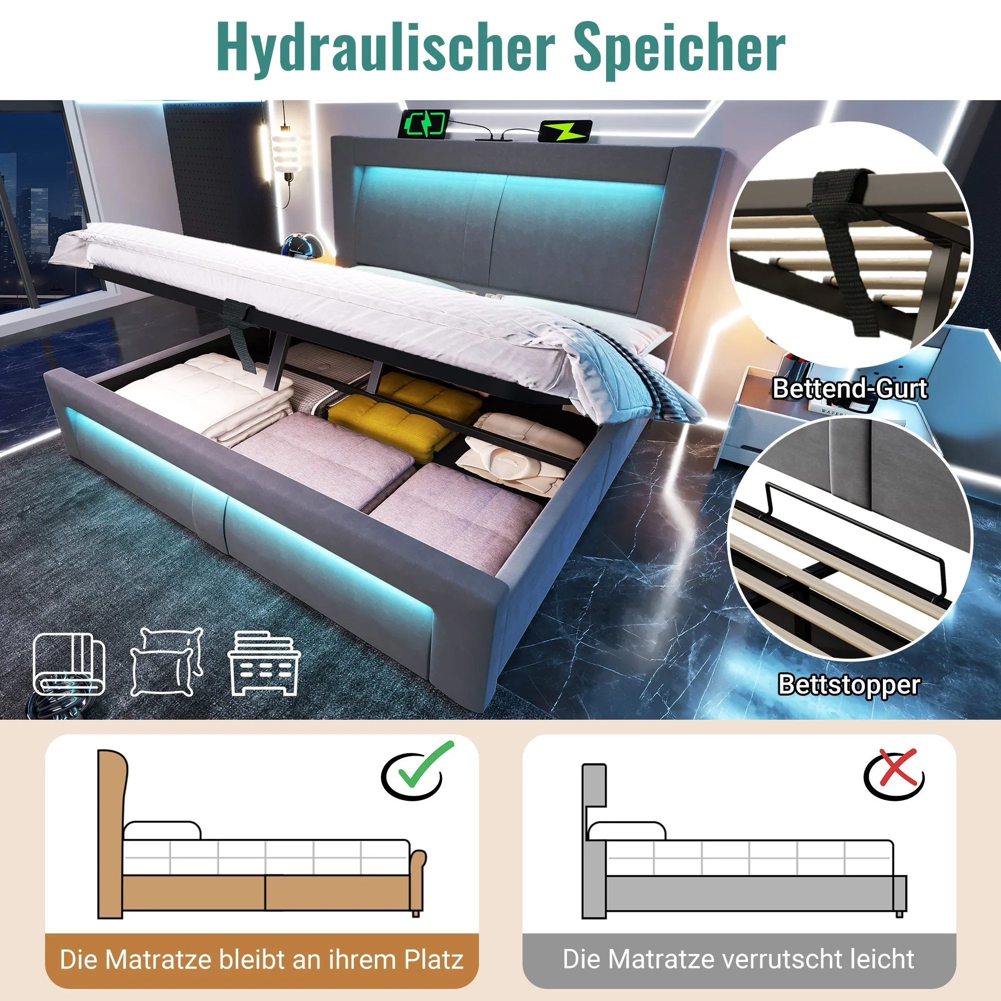 Double Bed 140x200 cm with Hydraulic Storage, LED, USB and Type-C, Grey Velvet - Image 6