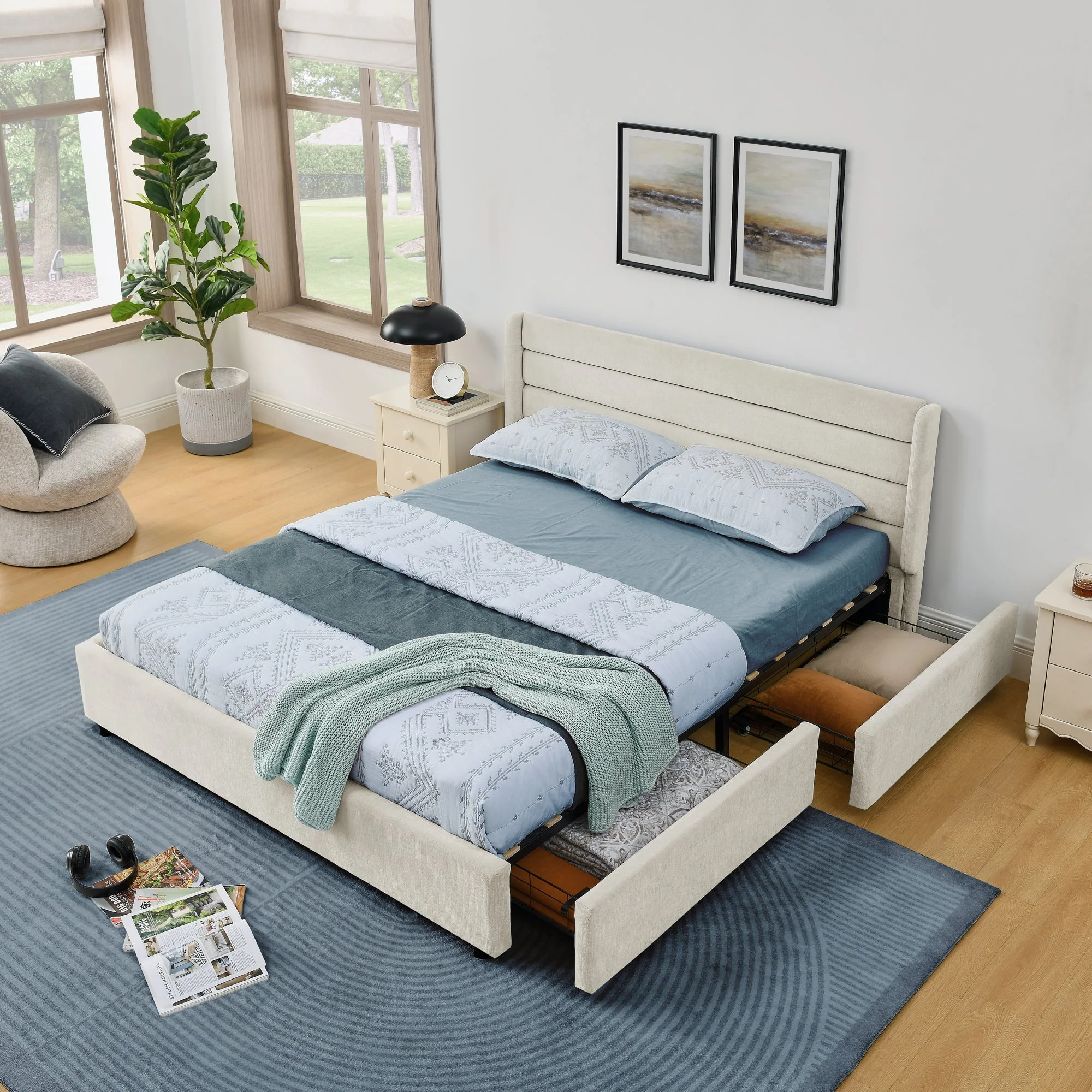 Double Bed 140x200cm 4 Storage Drawers Chenille - Beige - Image 10