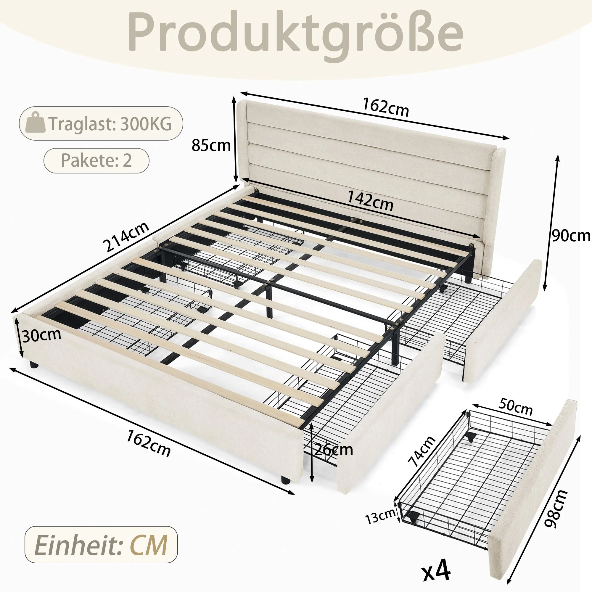 Double Bed 140x200cm 4 Storage Drawers Chenille - Beige - Image 7