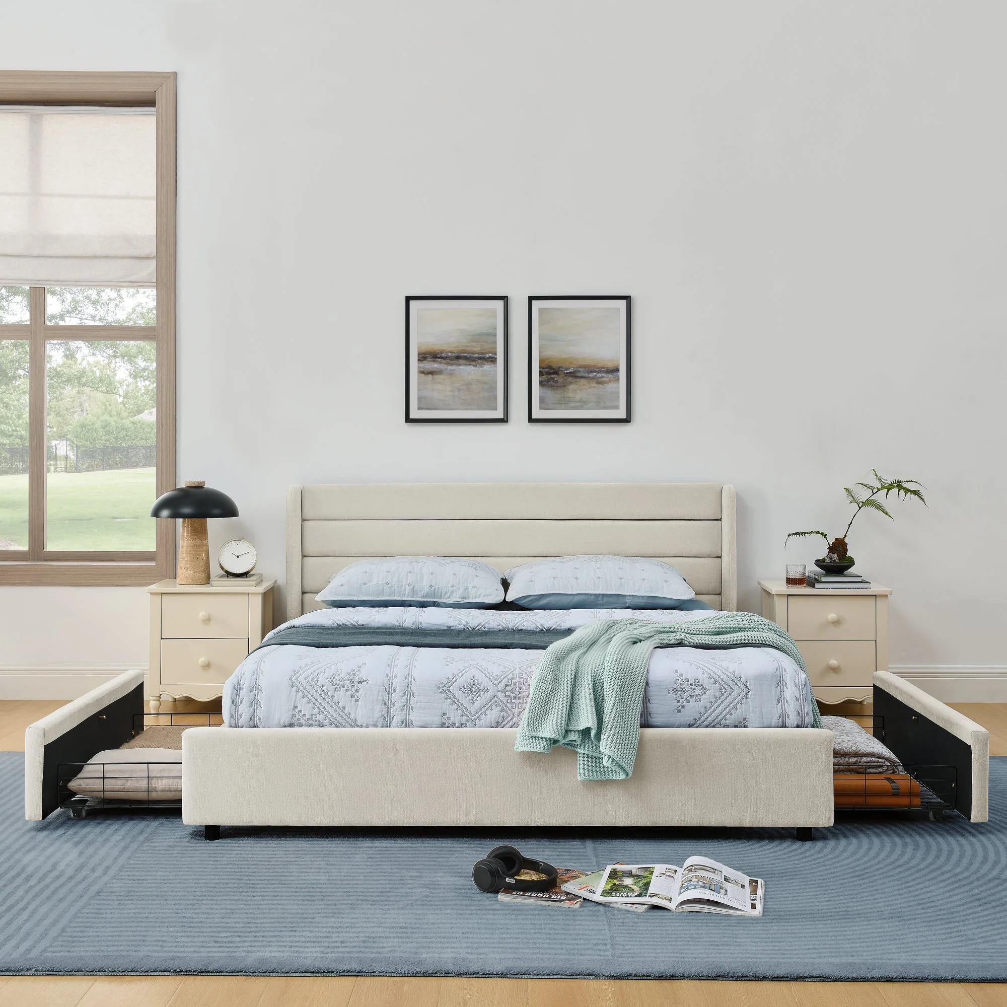Double Bed 140x200cm 4 Storage Drawers Chenille - Beige - Image 8