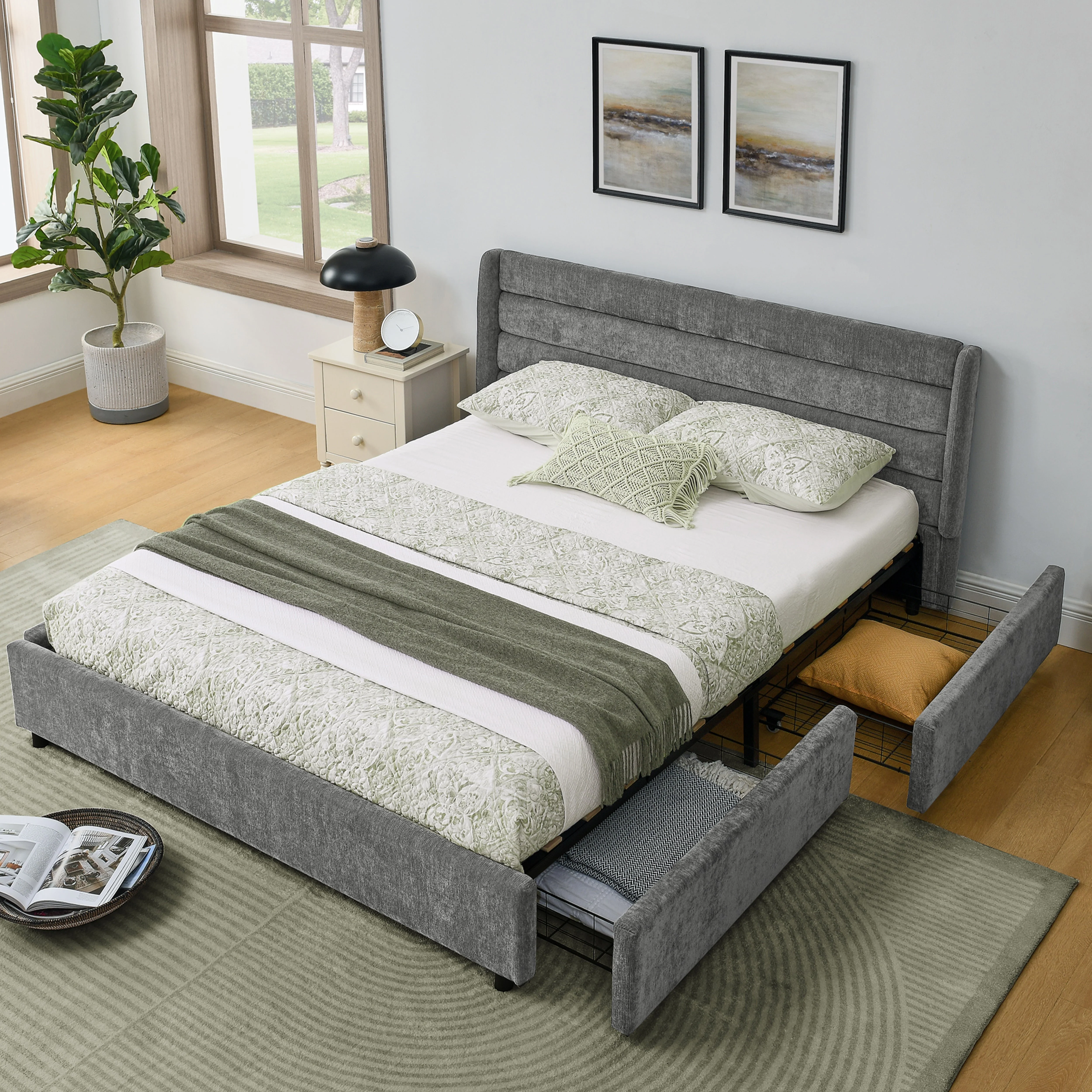 Double Bed 140x200cm 4 Storage Drawers - Dark Grey Chenille