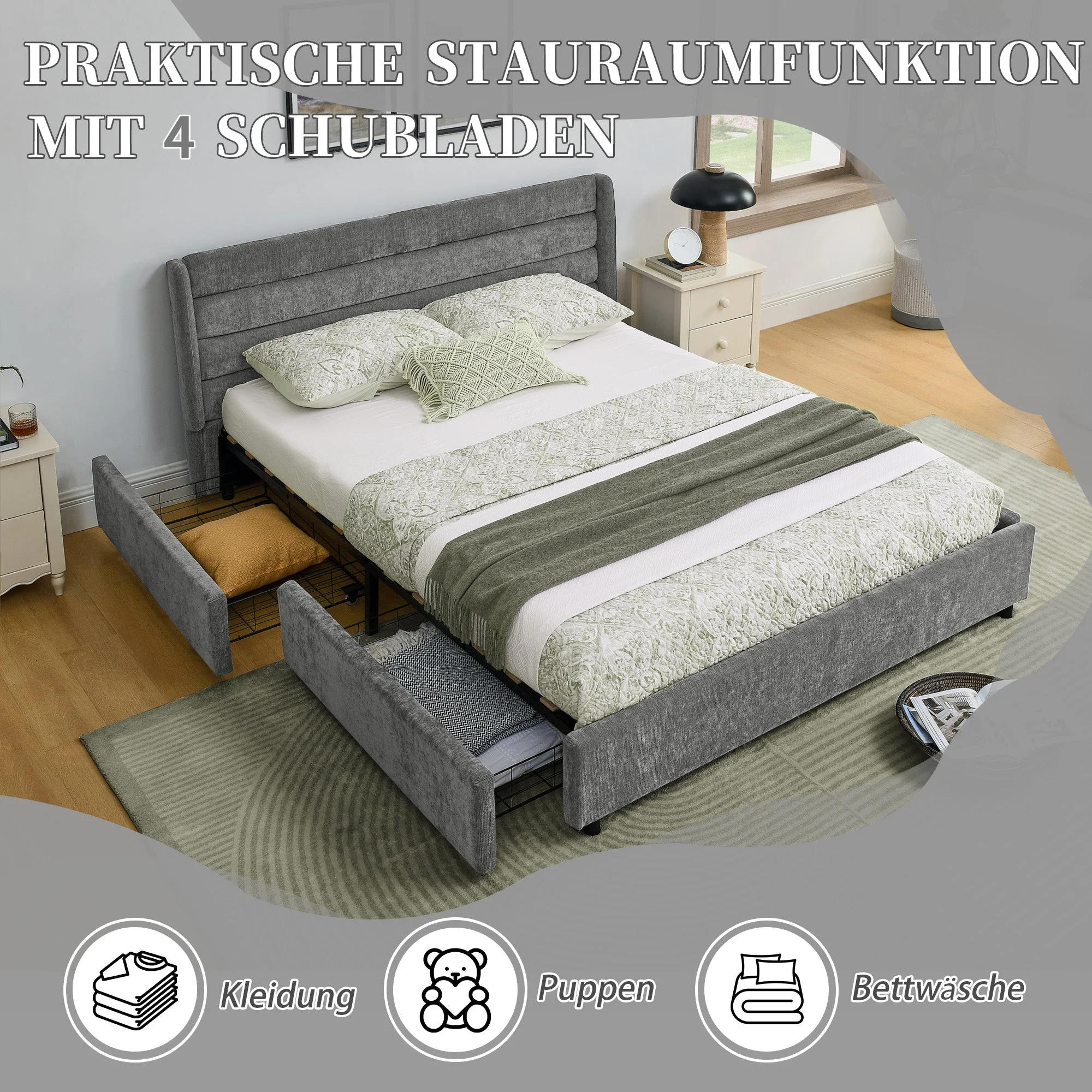 Double Bed 140x200cm 4 Storage Drawers - Dark Grey Chenille - Image 3