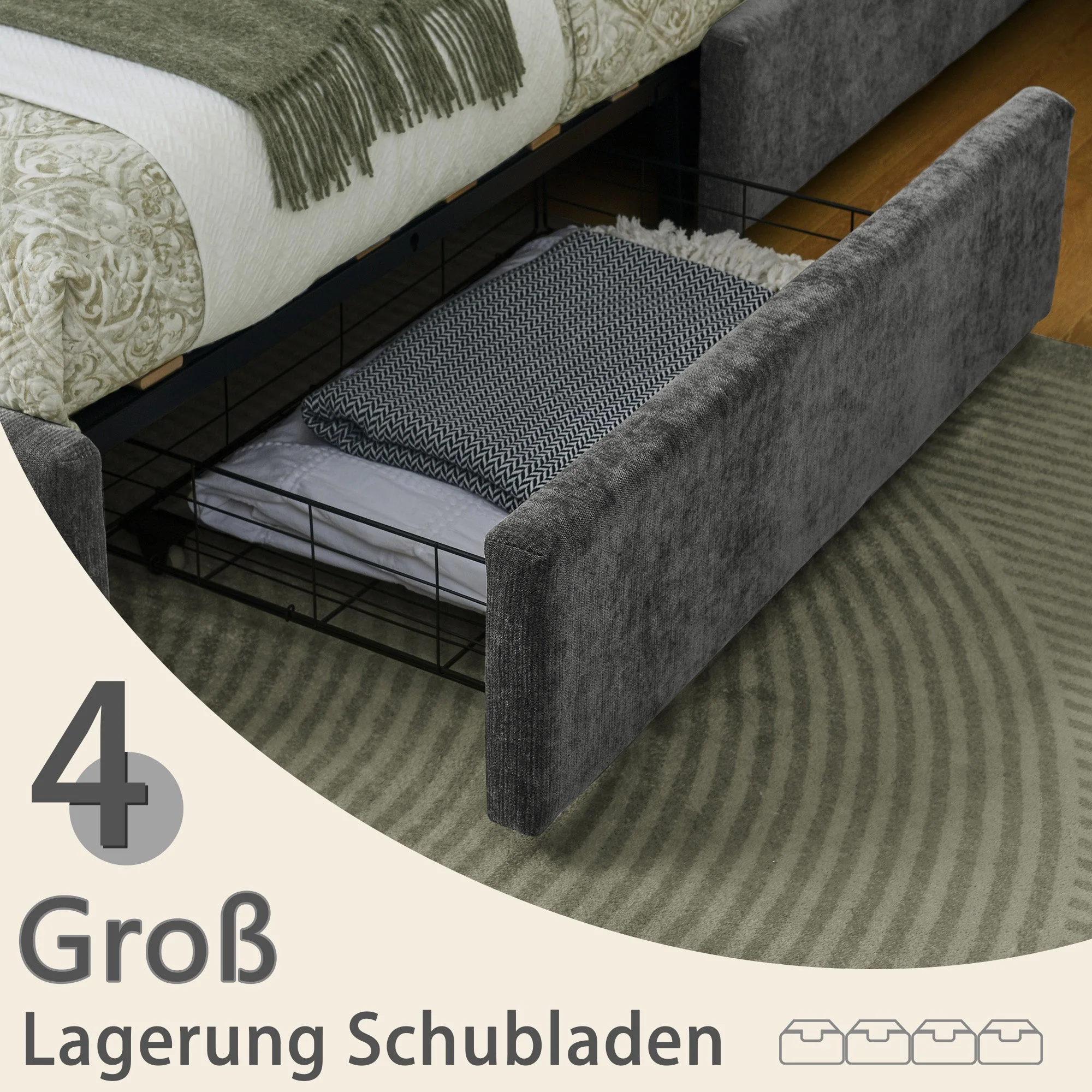 Double Bed 140x200cm 4 Storage Drawers - Dark Grey Chenille - Image 5