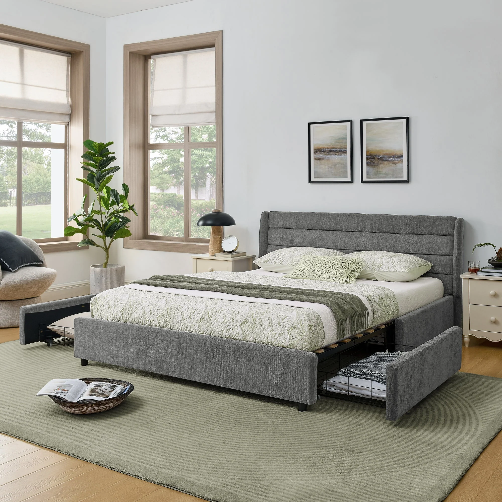 Double Bed 140x200cm 4 Storage Drawers - Dark Grey Chenille - Image 8