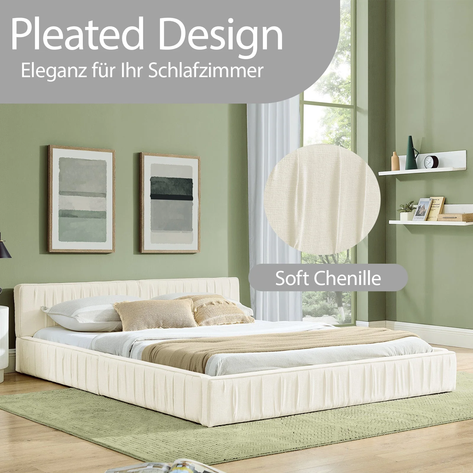 Double Bed 140x200cm Chenille Cover Eucalyptus Frame - Beige - Image 4