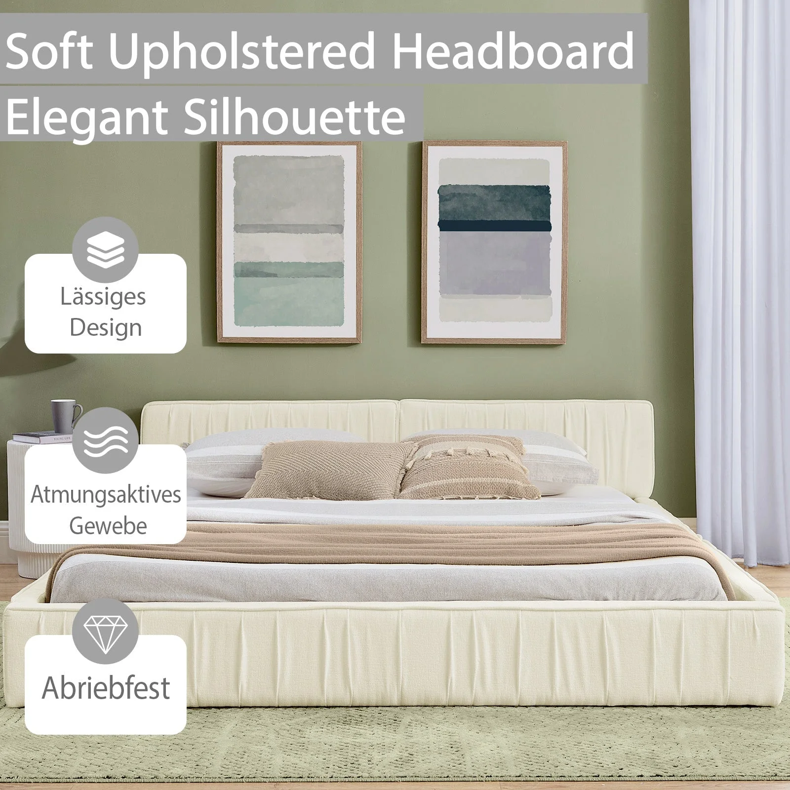 Double Bed 140x200cm Chenille Cover Eucalyptus Frame - Beige - Image 5