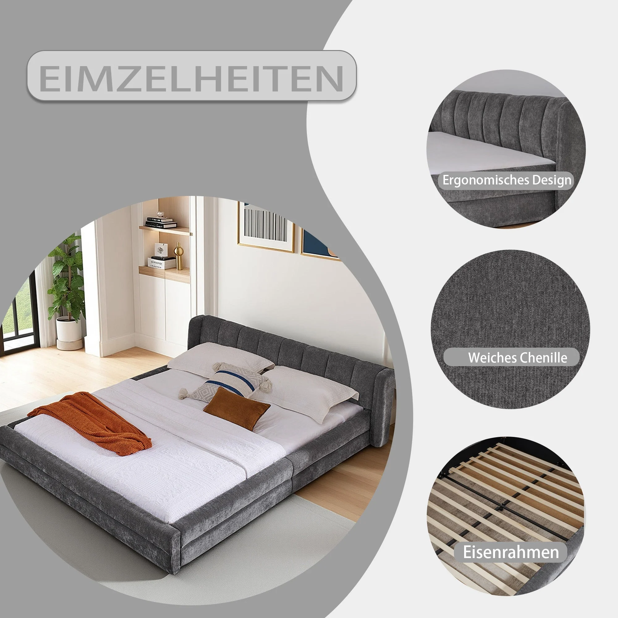 Double Bed 140x200cm Comfortable Backrest Chenille - Dark Grey - Image 2