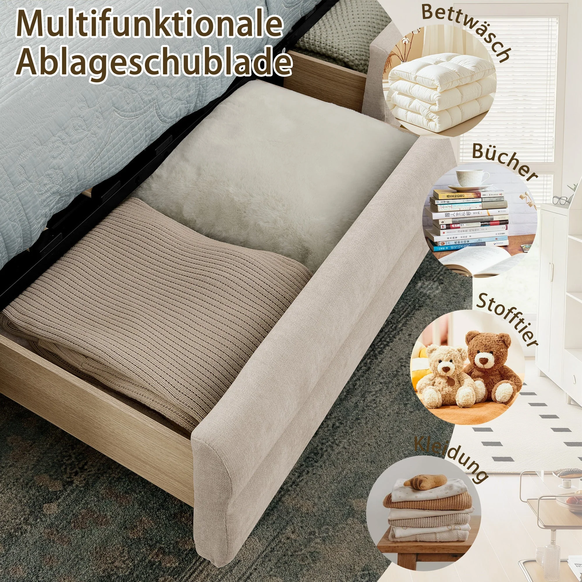Double Bed 140x200cm Storage USB Port Chenille Beige - Image 4