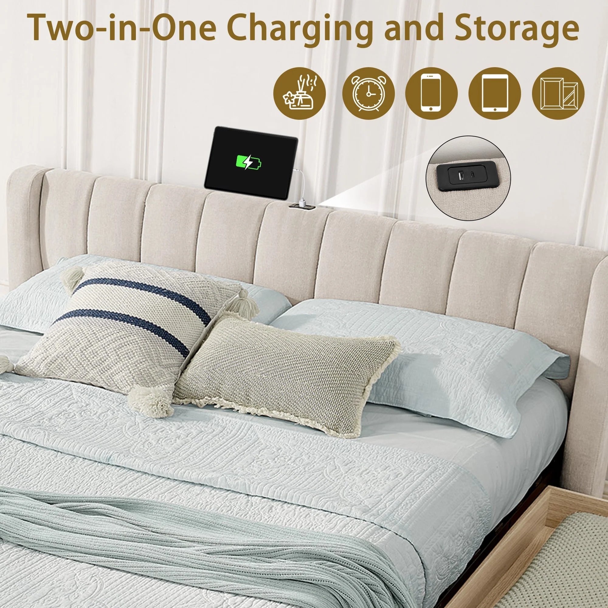 Double Bed 140x200cm Storage USB Port Chenille Beige - Image 6
