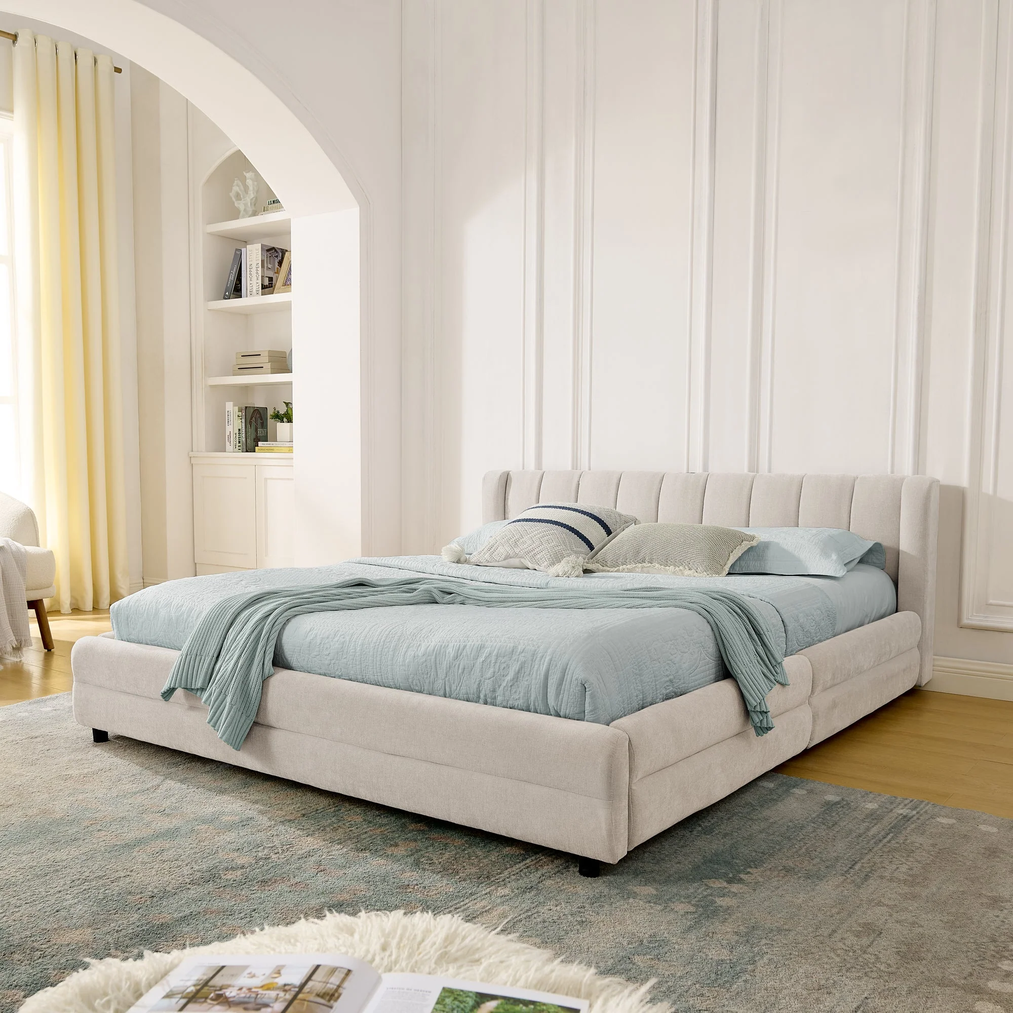 Double Bed 140x200cm Storage USB Port Chenille Beige - Image 8