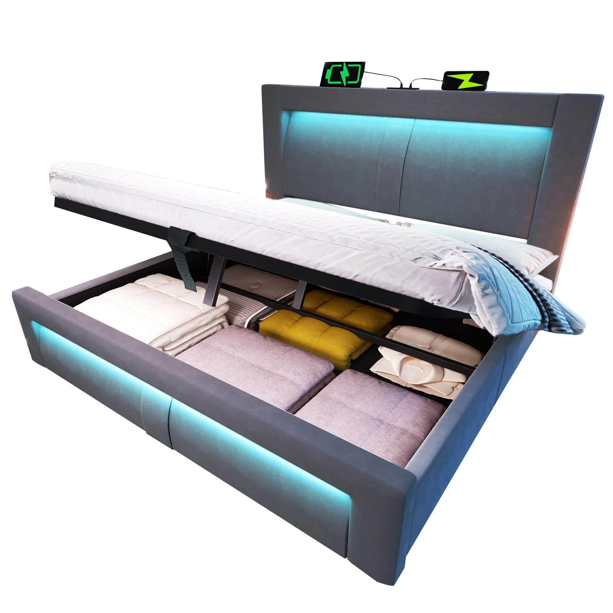 Double Bed 160x200 cm with Hydraulic Storage, LED, USB Charging and Mattress, Gray Velvet - Image 3