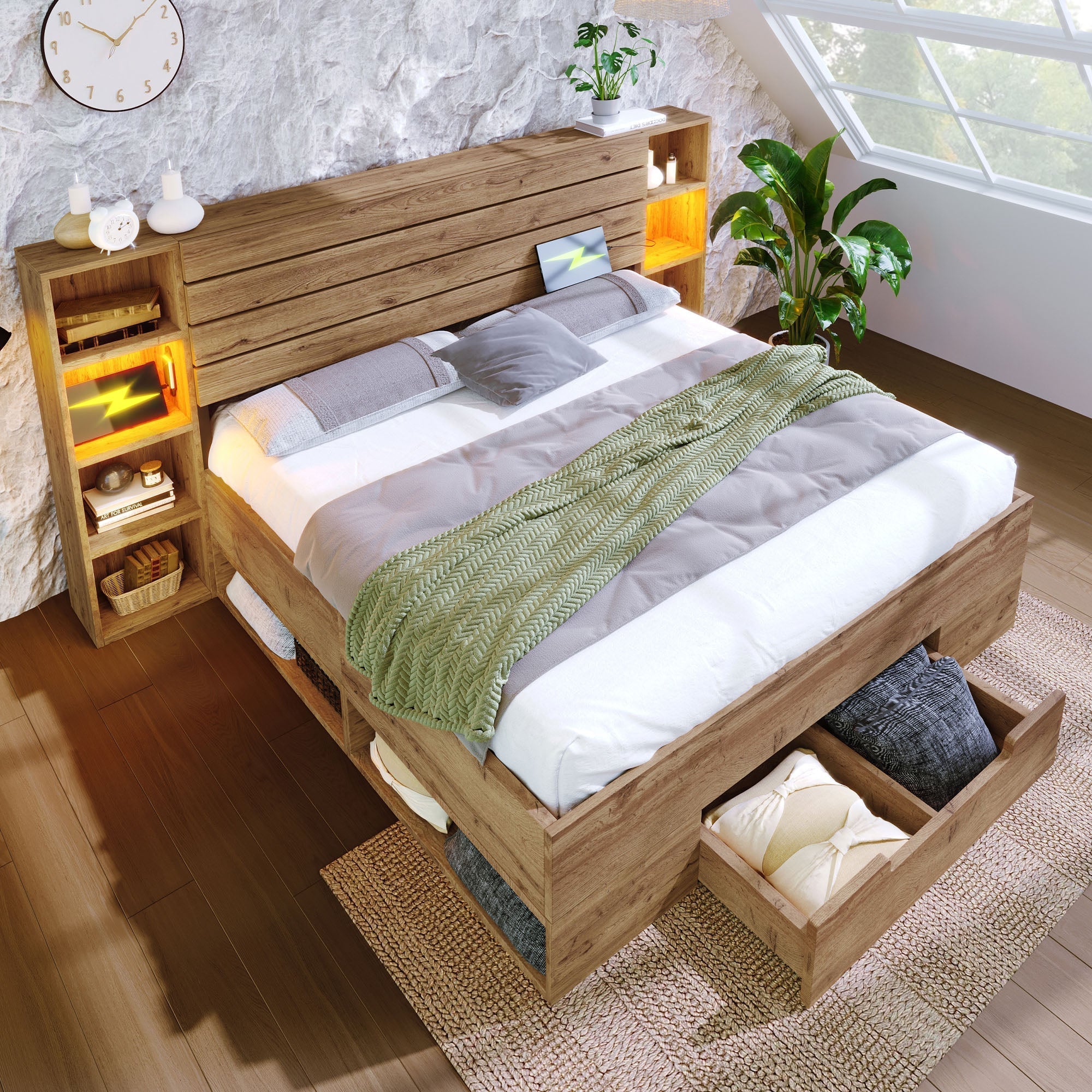 Double Bed 160x200 Storage LED USB-C Headboard Drawers Solid Wood Oak - Image 4