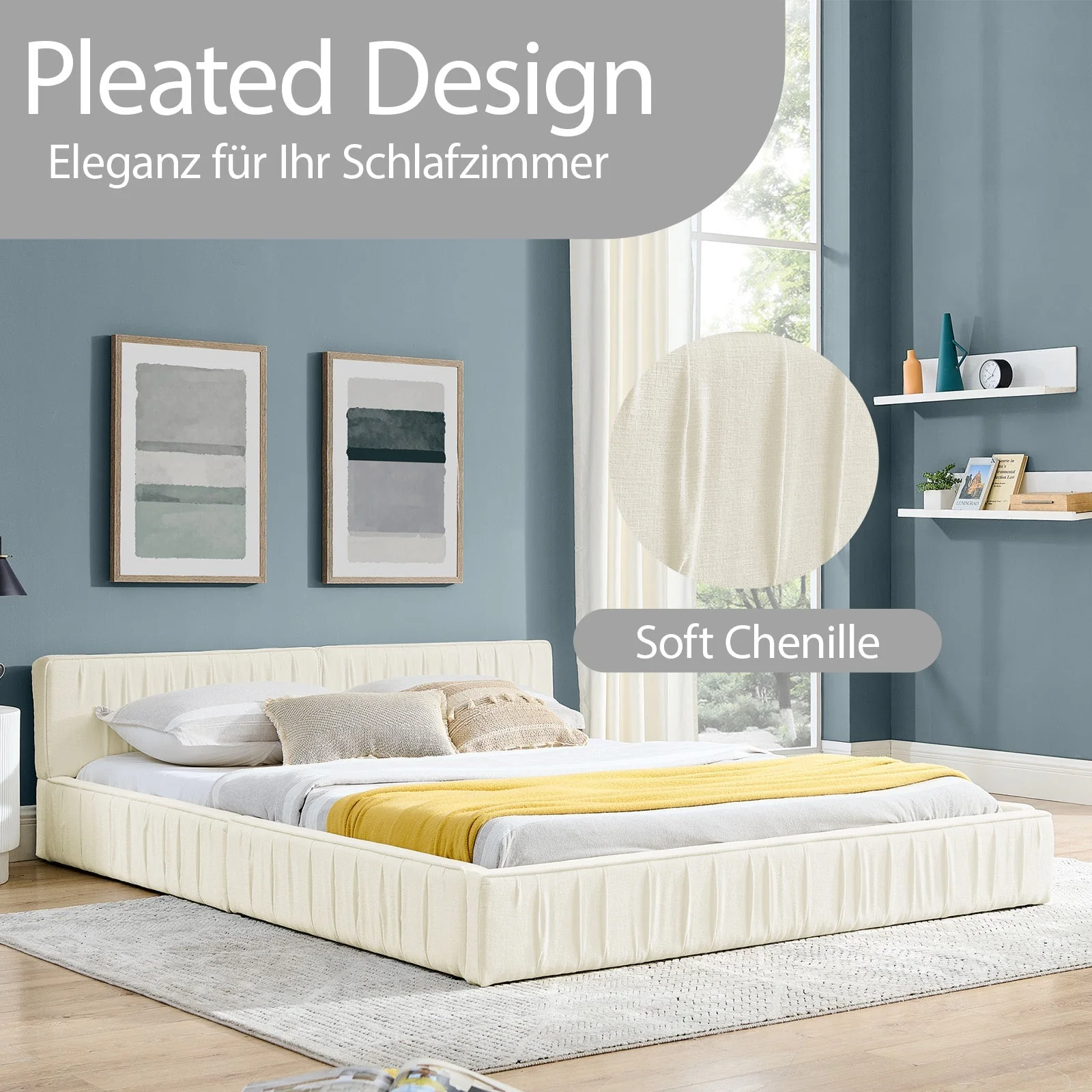 Double Bed 160x200cm Chenille Cover Wood & Iron Frame - Beige - Image 3