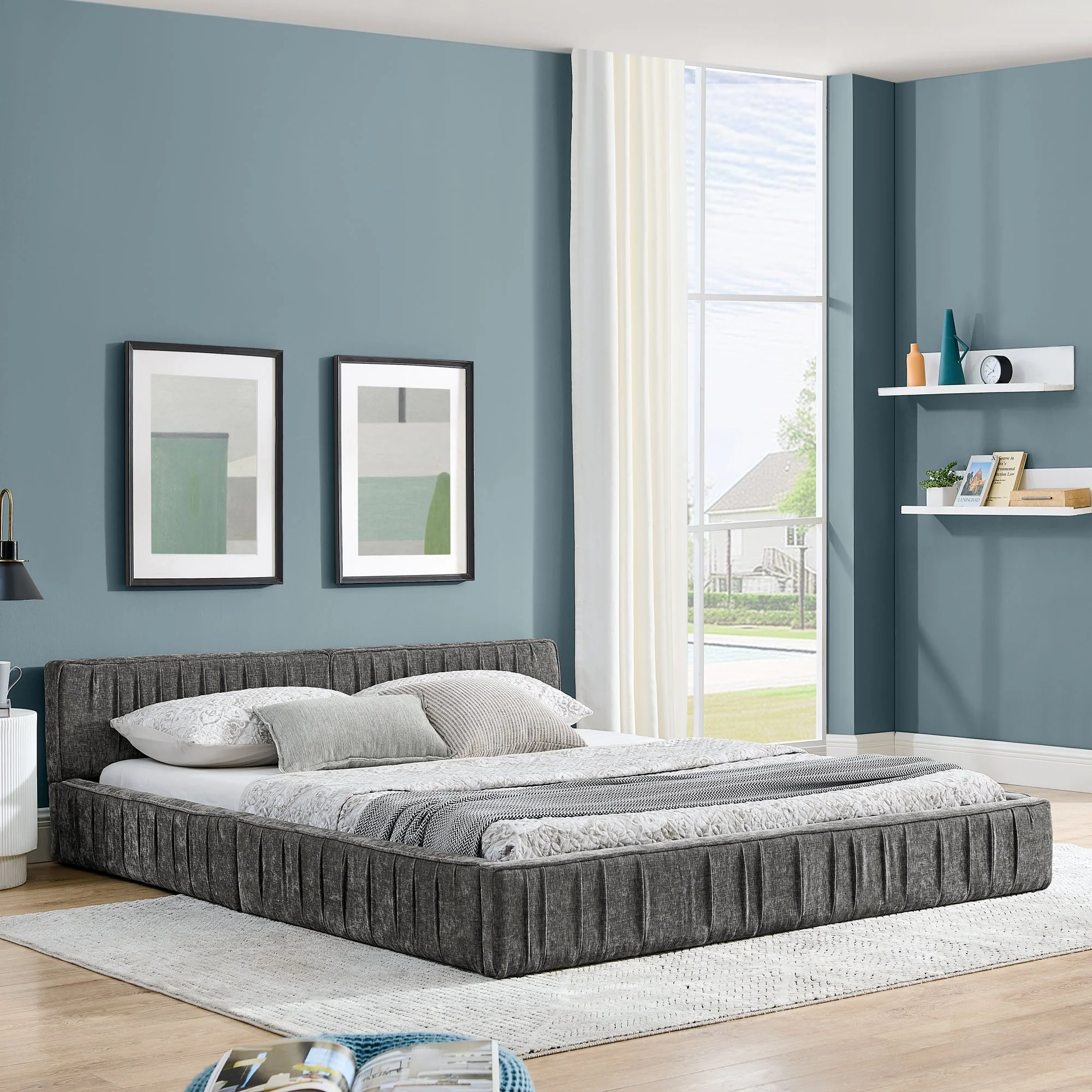 Double Bed 160x200cm Chenille Eucalyptus Wood Iron Frame - Dark Grey