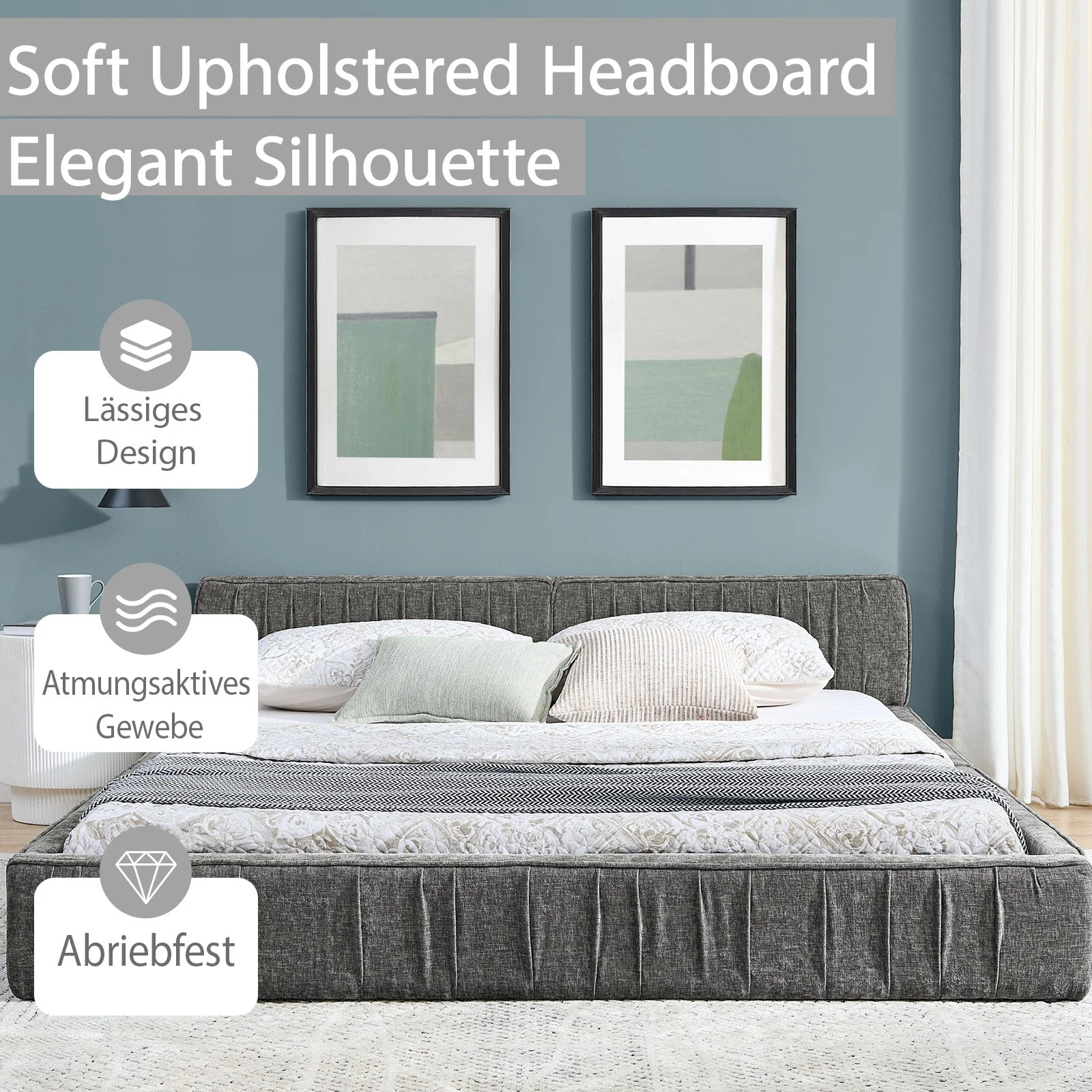 Double Bed 160x200cm Chenille Eucalyptus Wood Iron Frame - Dark Grey - Image 2