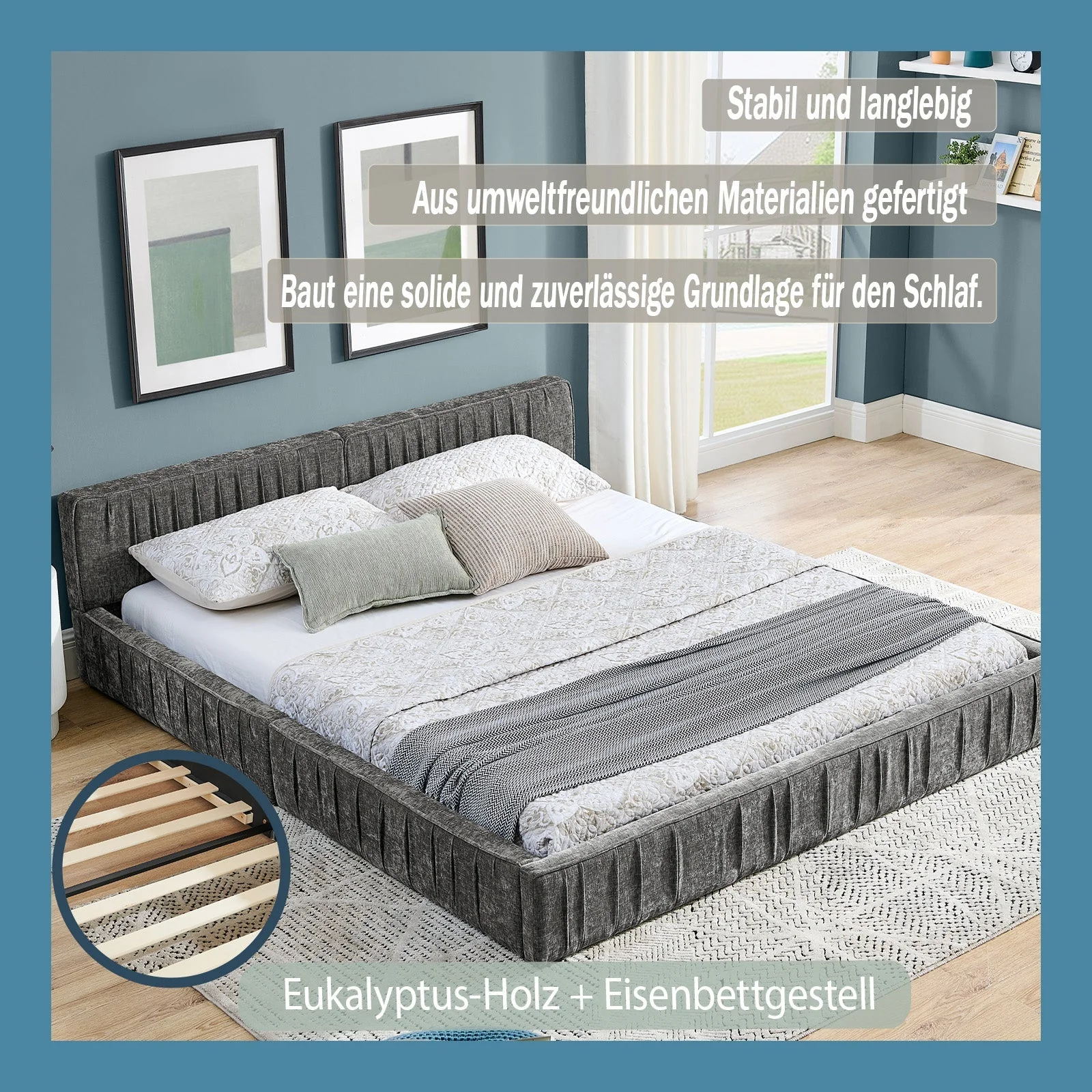 Double Bed 160x200cm Chenille Eucalyptus Wood Iron Frame - Dark Grey - Image 3