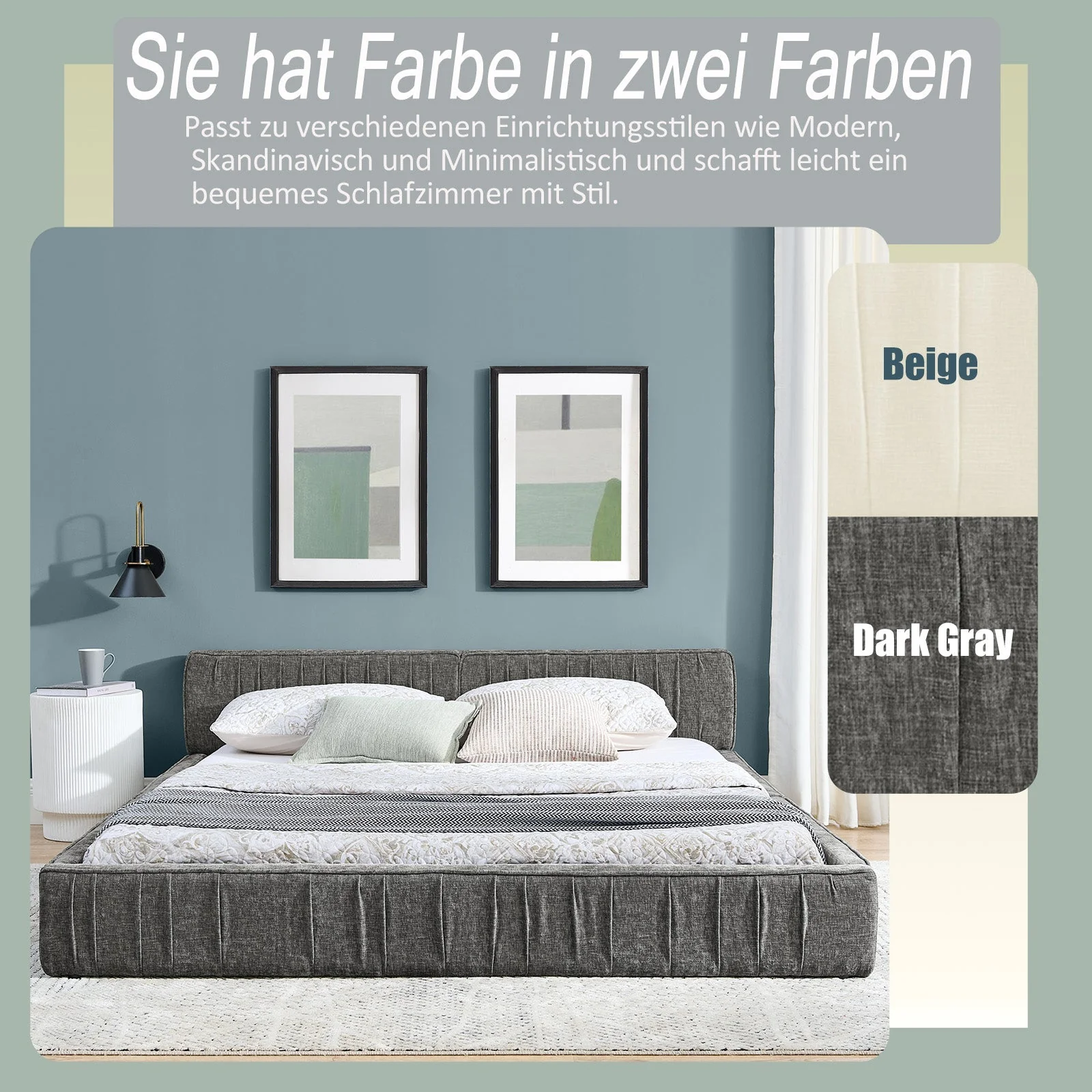 Double Bed 160x200cm Chenille Eucalyptus Wood Iron Frame - Dark Grey - Image 4