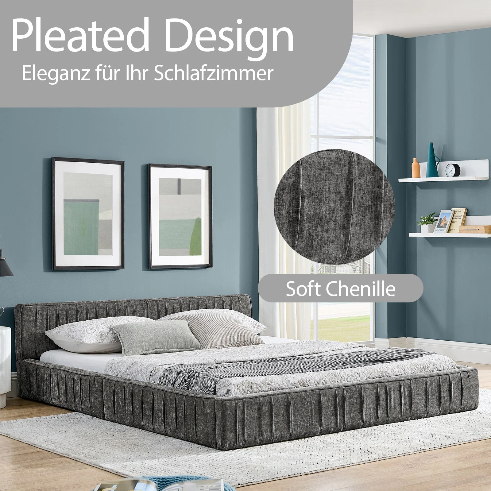 Double Bed 160x200cm Chenille Eucalyptus Wood Iron Frame - Dark Grey - Image 5