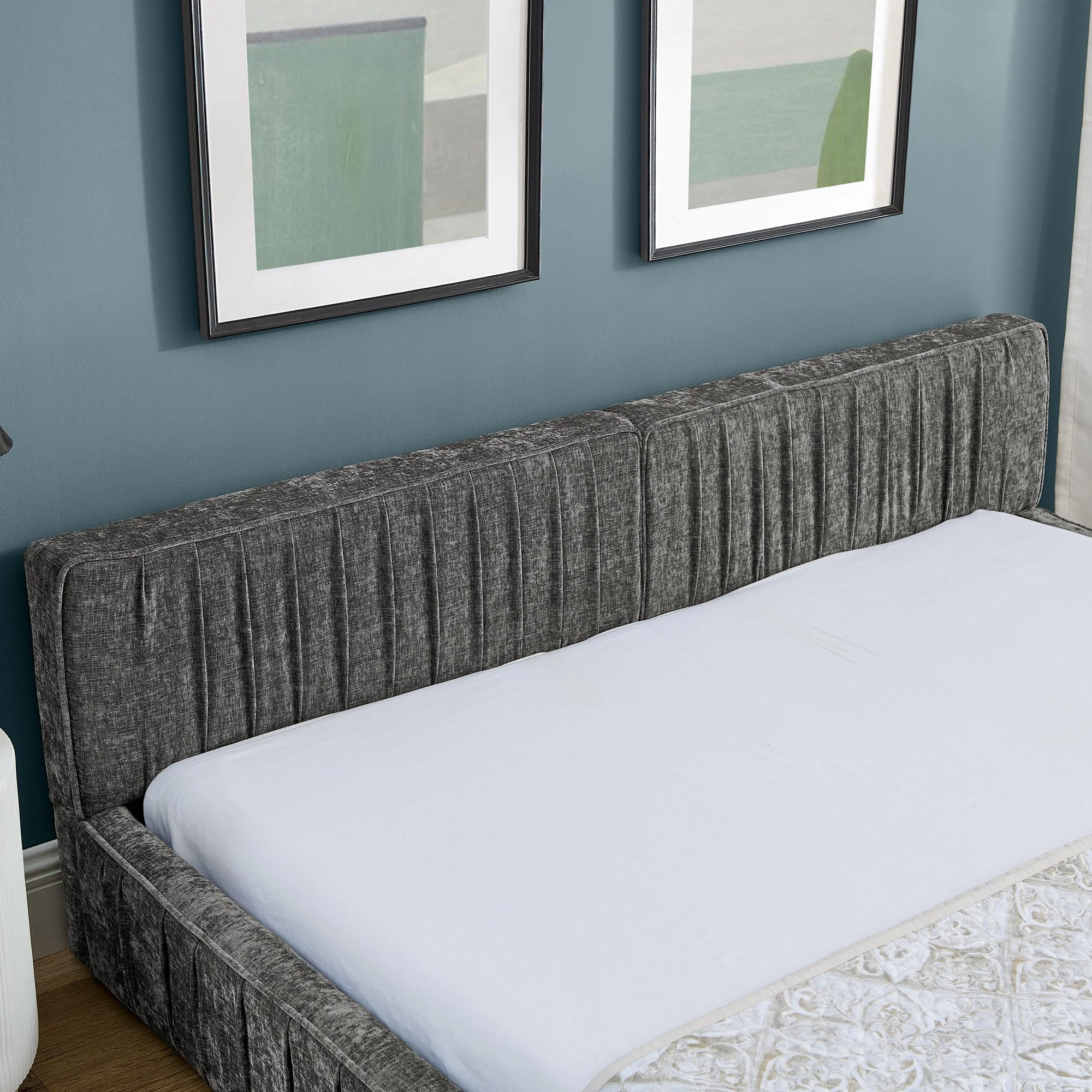 Double Bed 160x200cm Chenille Eucalyptus Wood Iron Frame - Dark Grey - Image 7