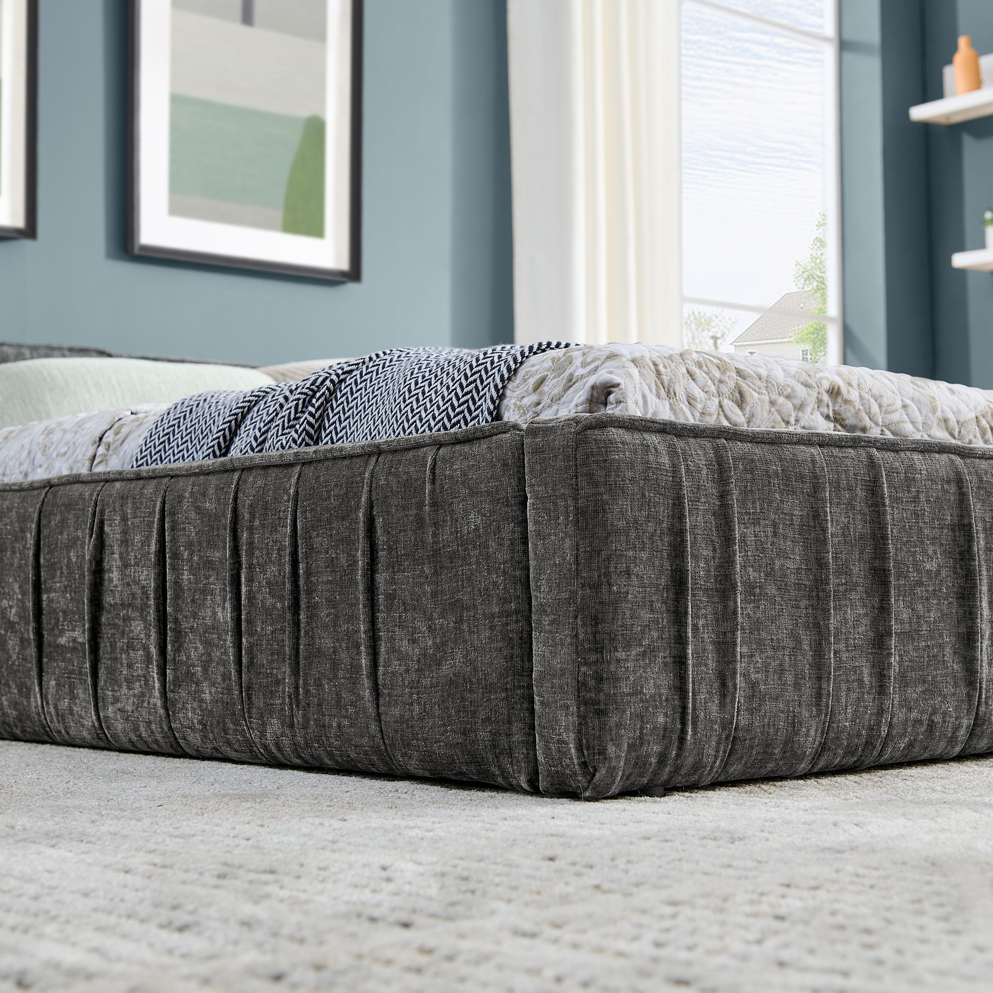 Double Bed 160x200cm Chenille Eucalyptus Wood Iron Frame - Dark Grey - Image 8