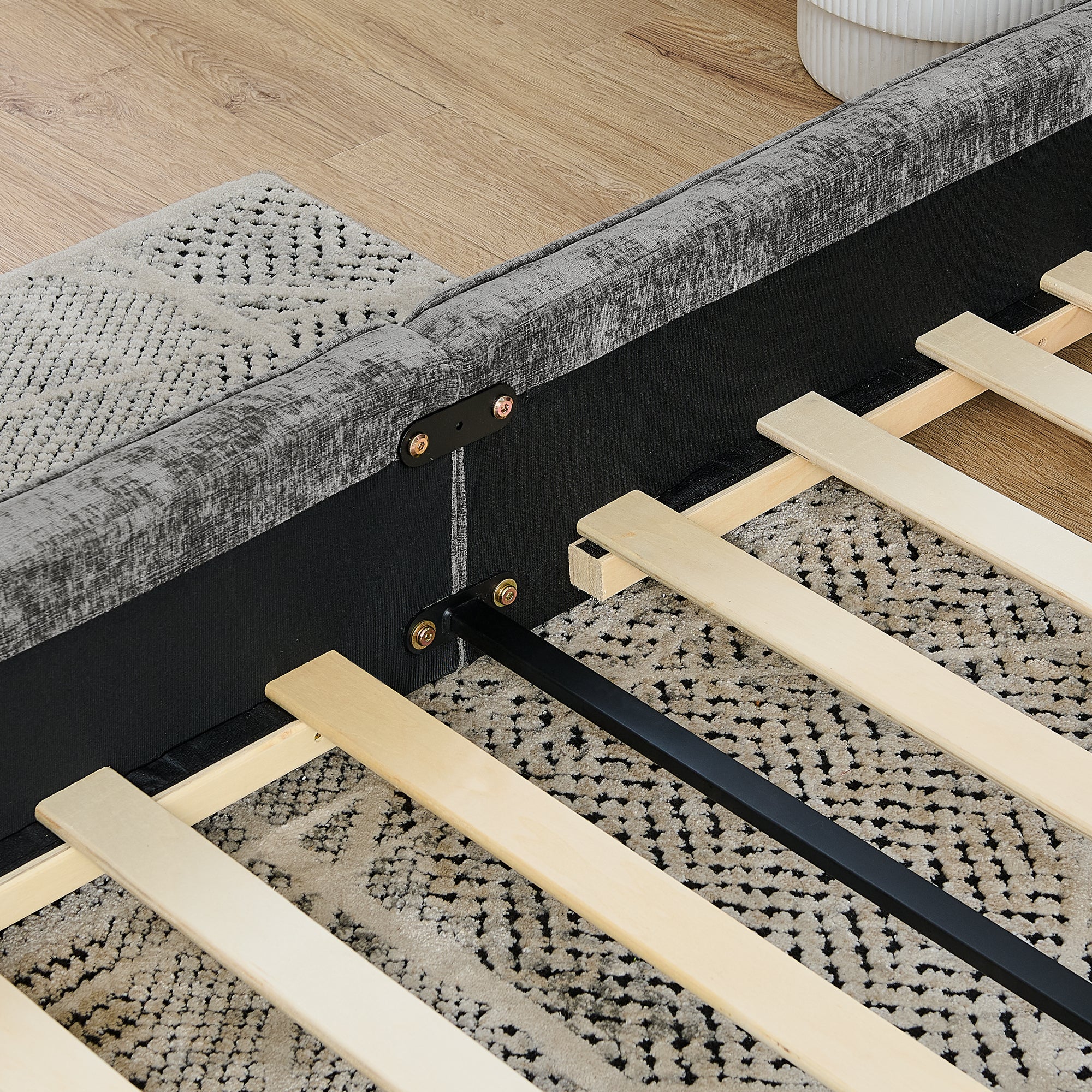 Double Bed 160x200cm Chenille Eucalyptus Wood Iron Frame - Dark Grey - Image 9