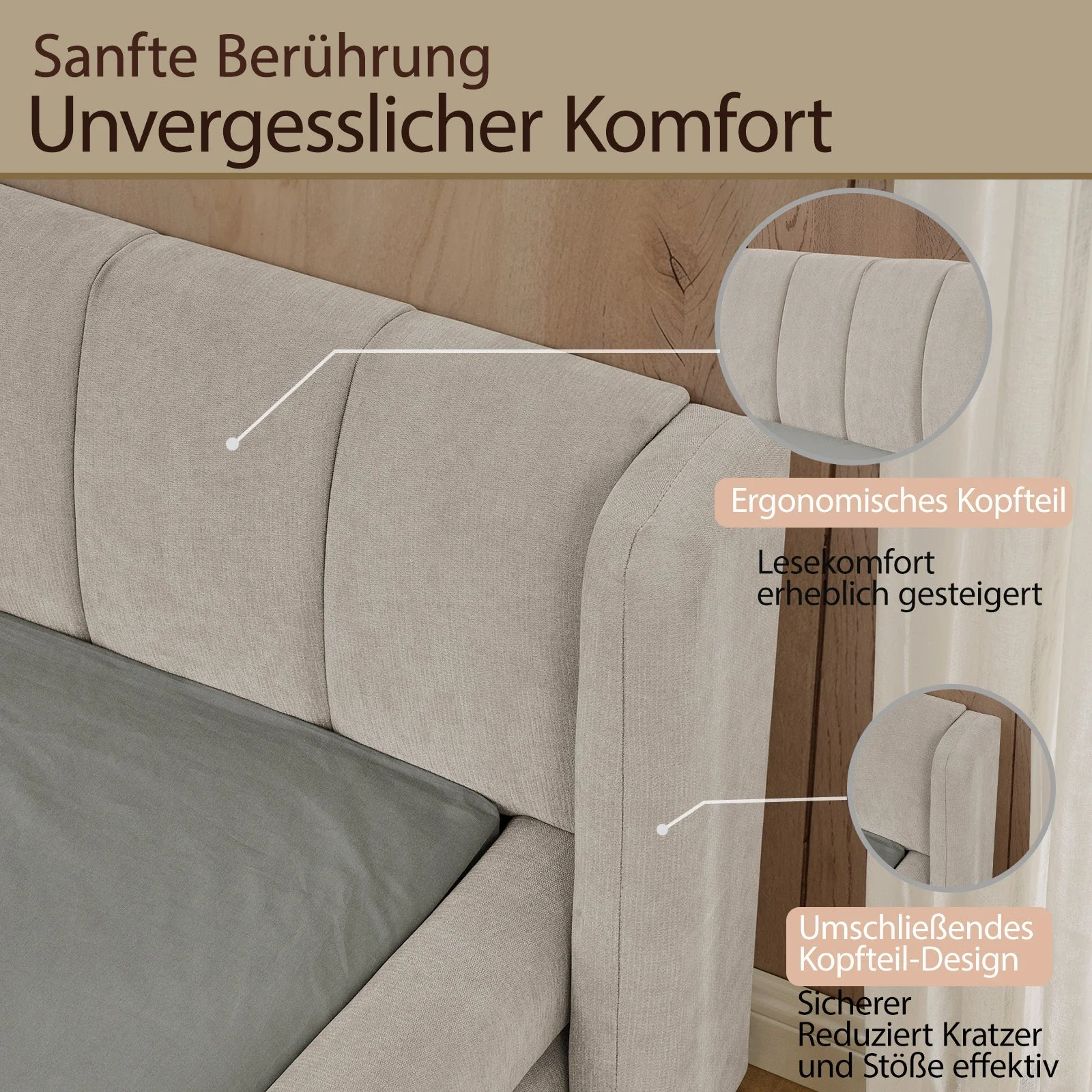 Double Bed 160x200cm Comfortable Backrest Sturdy Frame Easy Assemble Beige Chenille - Image 3