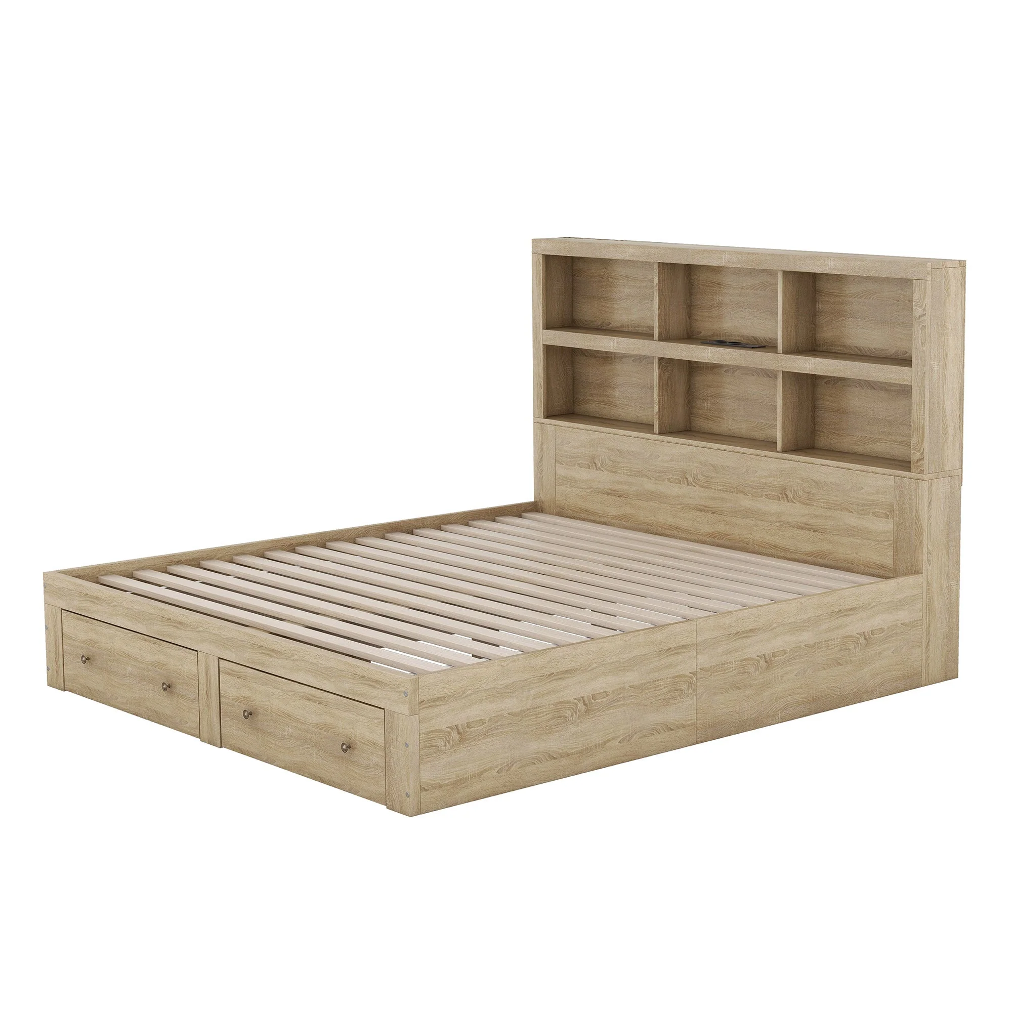 Double Bed 160x200cm King Platform Storage Drawers Headboard Chipboard Natural - Image 10