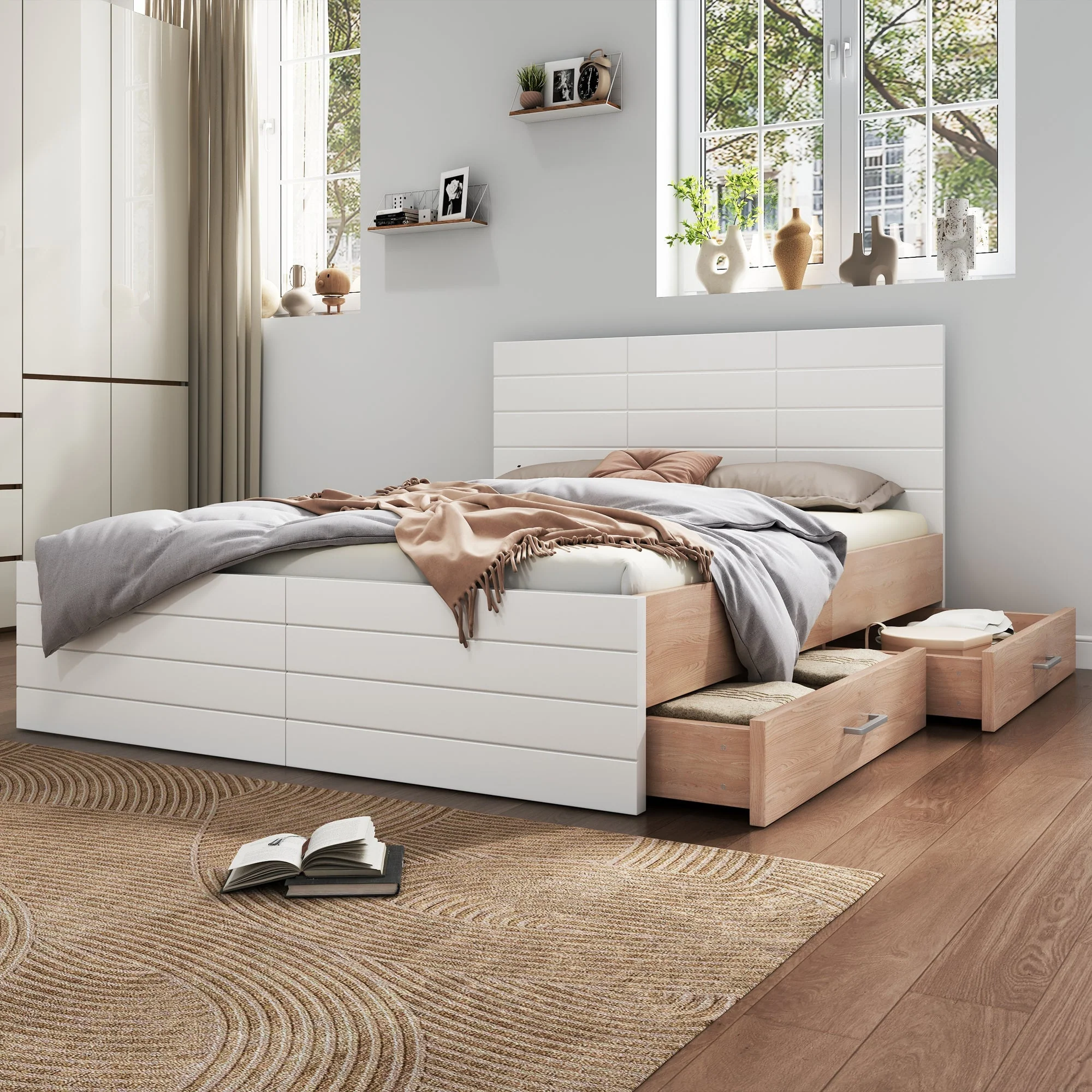 Double Bed 160x200cm, Modern Wooden Frame with 2 Drawers, Oak/White - Image 8