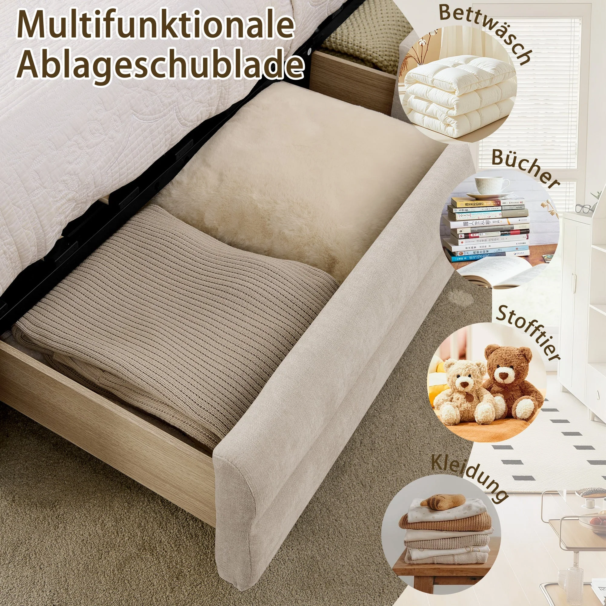 Double Bed 160x200cm Storage USB Charging Port Soft Chenille Beige - Image 4